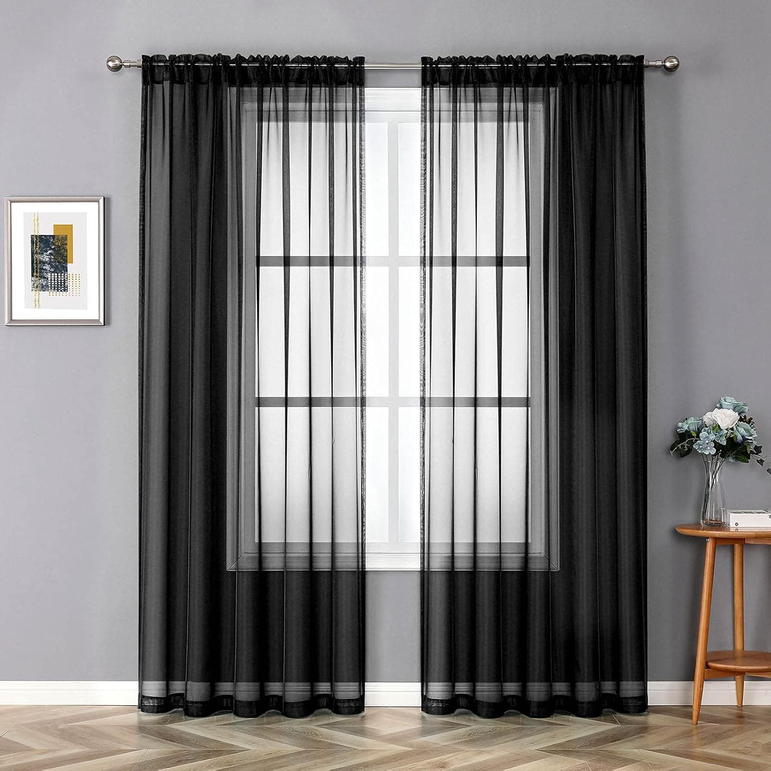 JUSPURBET 2 Pieces Window Sheer Curtains,Luxury Solid Semi Sheer Curtain Panel for Living Room Bedroom Outdoor,59x108 inch,Black