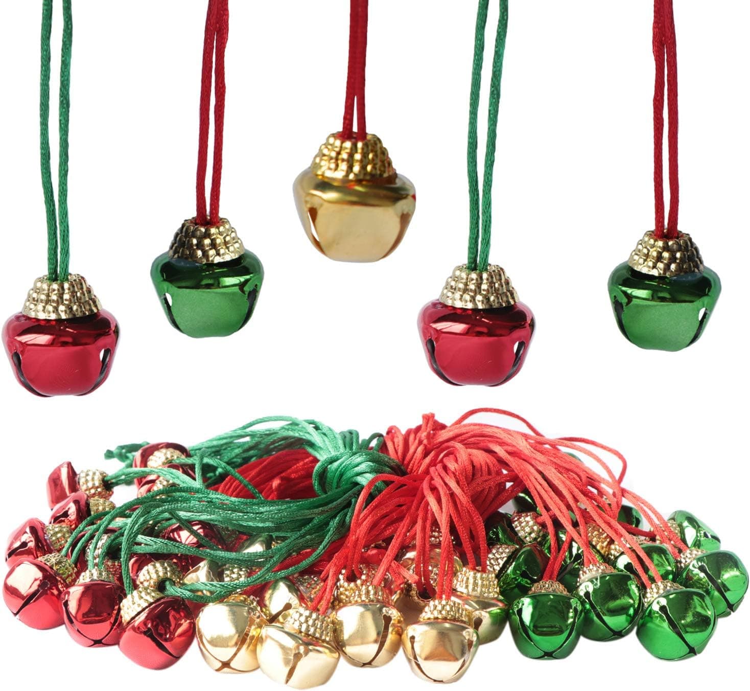 Kesywale 36 Pieces Jingle Christmas Bell Necklaces Xmas Holiday Party Accessories, Home Decor (Gold Bell Red Rope, Green Bell Red Bell, Red Bell Green Rope) (36)