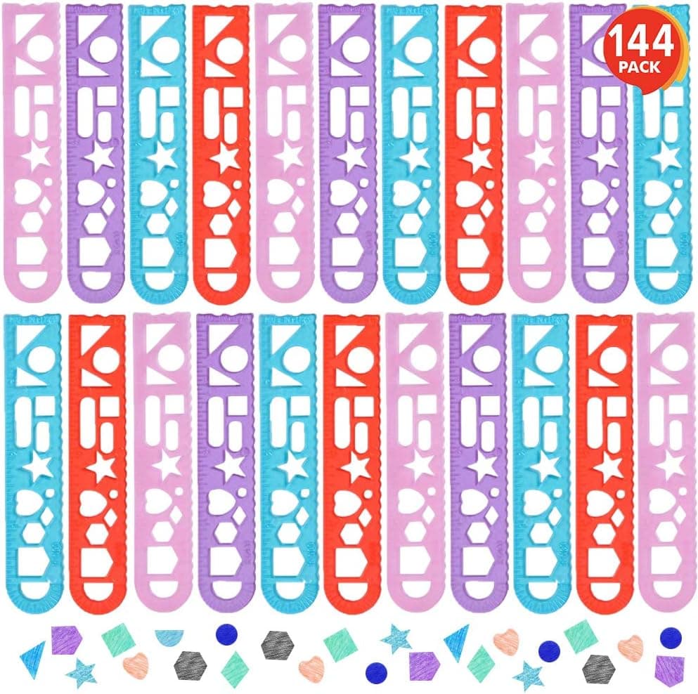 ArtCreativity Shape Tracing Rulers for Kids, Set of 144, Plastic Tracer Drawing Tools, Fun Color Assortment, Stationery Birthday Party Favors, Back to School Gifts, and Classroom Teacher Rewards