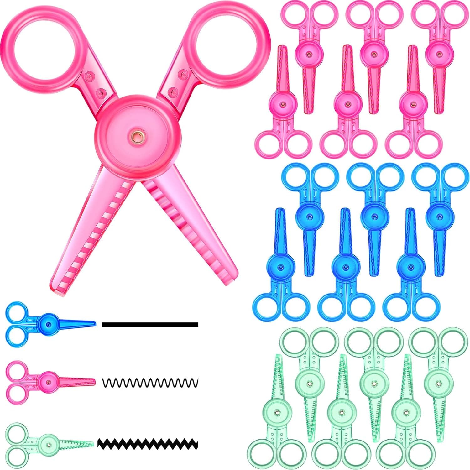 24 Pcs Plastic Safety Scissors, Toddlers Training Scissors Craft Scissors Decorative Edge Scissors Scrapbook Scissors for Preschool Art DIY Craft Dough Paper Cutting, Straight, Wavy, Zigzag Shapes