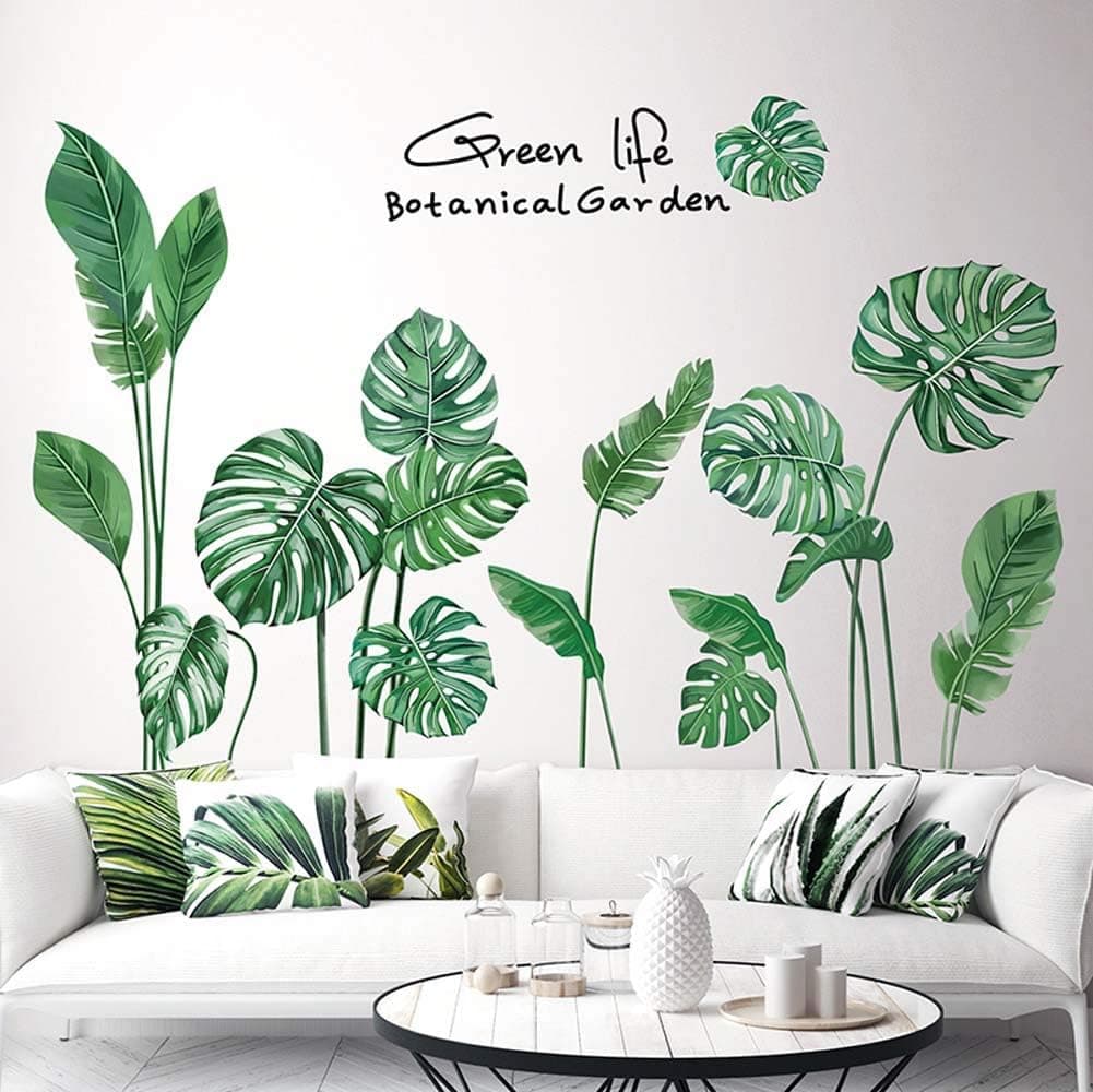 iwallsticker 3D Nordic Green Plants Wall Sticker Fresh Leaves Decals Self-Adhesive Wall Paper Waterproof Decor Art for Living Room Girls Bedroom Offices