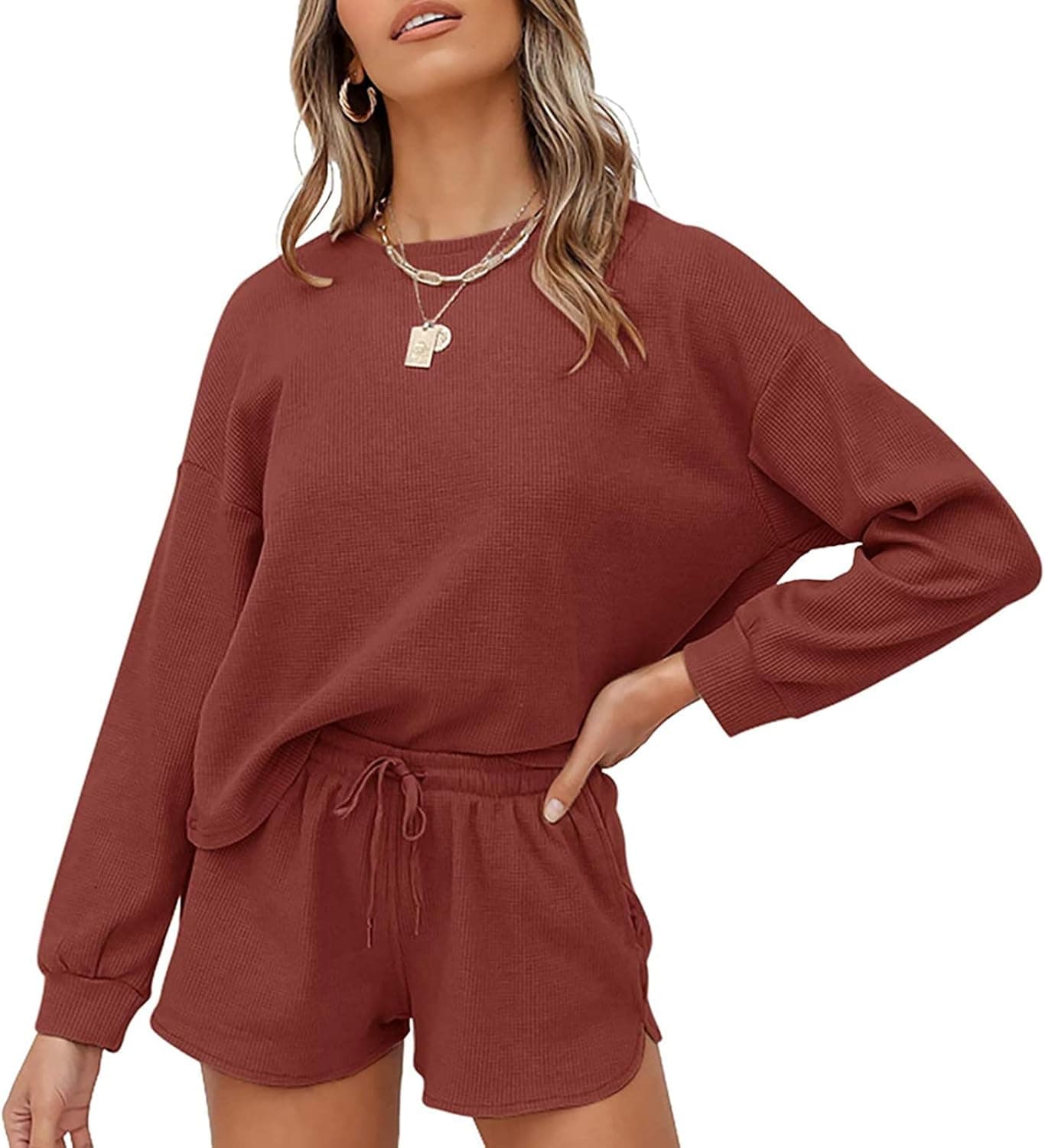 MEROKEETY Women's Long Sleeve Pajama Set Henley Knit Tops and Shorts Sleepwear Loungewear