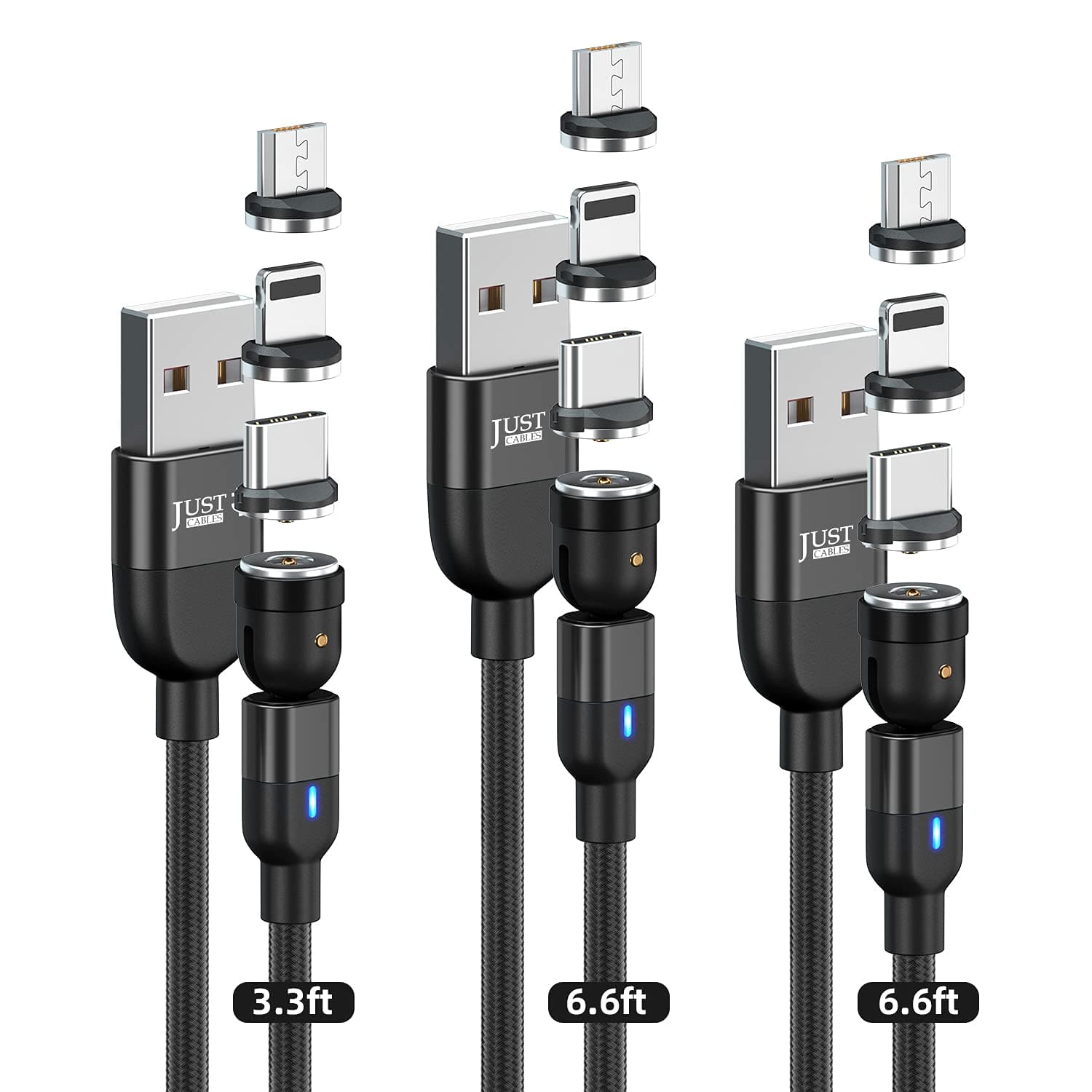 Just Cables JustCables Magnetic 540 Degree Fast Charging Cables with 3 (3-Pack, 3ft, 6ft, 6ft) and 9 (3X Type C, 3X Micro USB, i) Connector Nubs (Black), 1x3.3ft, 2x6.6ft, JC1001004-122
