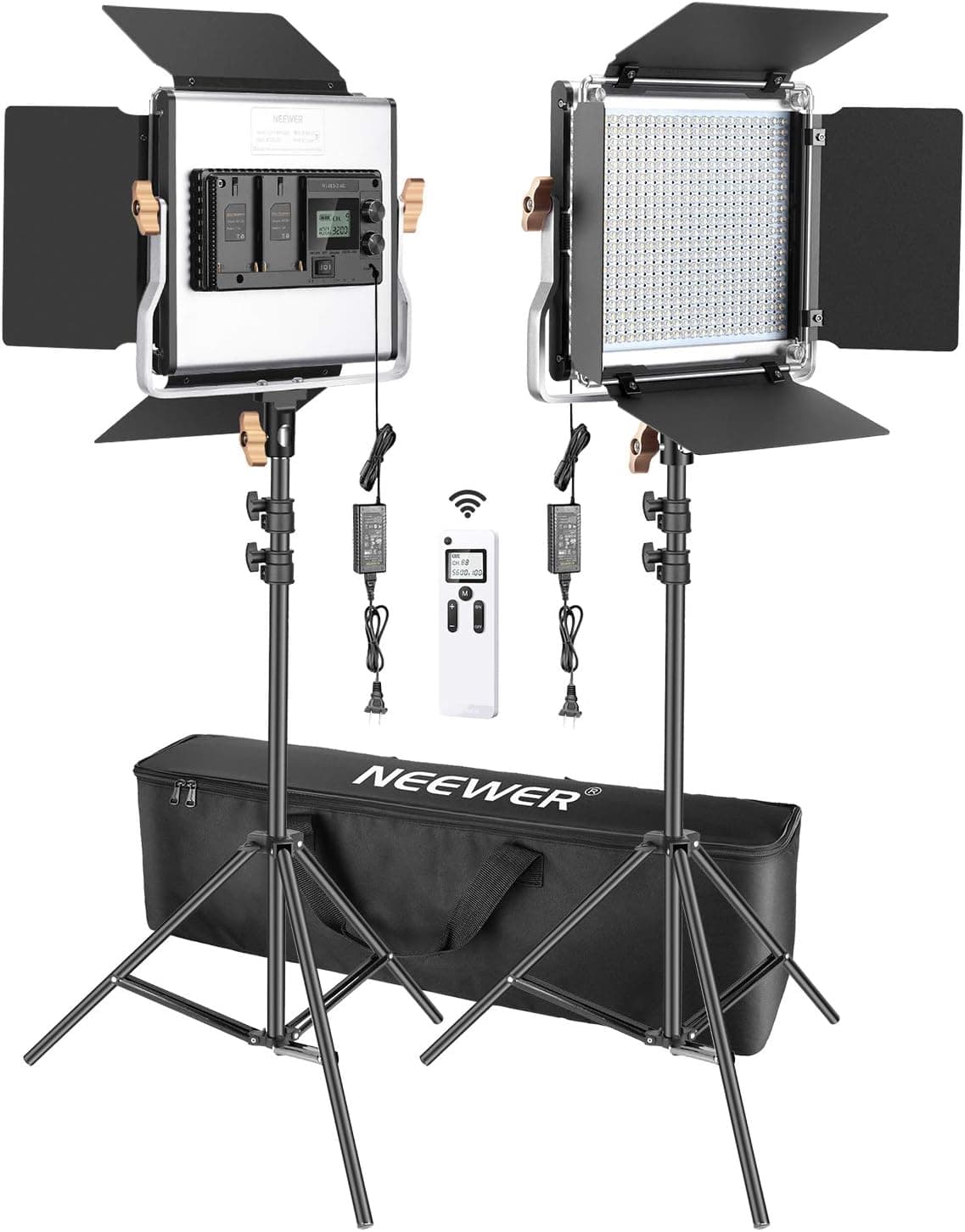 Neewer 2 Packs Advanced 2.4G 480 LED Video Light Photography Lighting Kit with Bag, Dimmable Bi-Color LED Panel with 2.4G Wireless Remote, LCD Screen and Light Stand for Portrait Product Photography