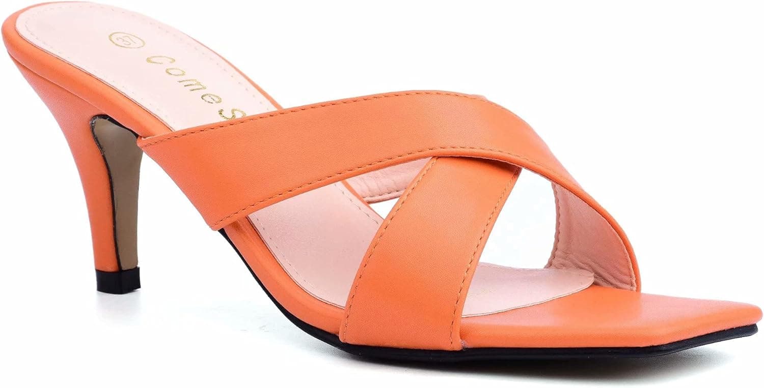 ComeShun Women Low Kitten Heel Mules Cross Strap Slide On Sandals Square Toe Dress Pumps