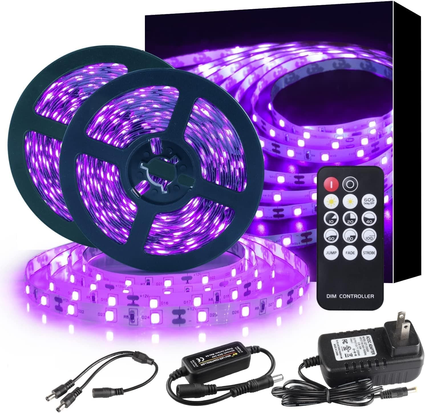 Onteisk 40ft LED UV Black Light Belt kit, 720 UV lamp Beads, 12V Flexible Black Light Fixture, 12m with Remote Control, Used for Indoor Fluorescent Party Stage, Body Painting, not Waterproof