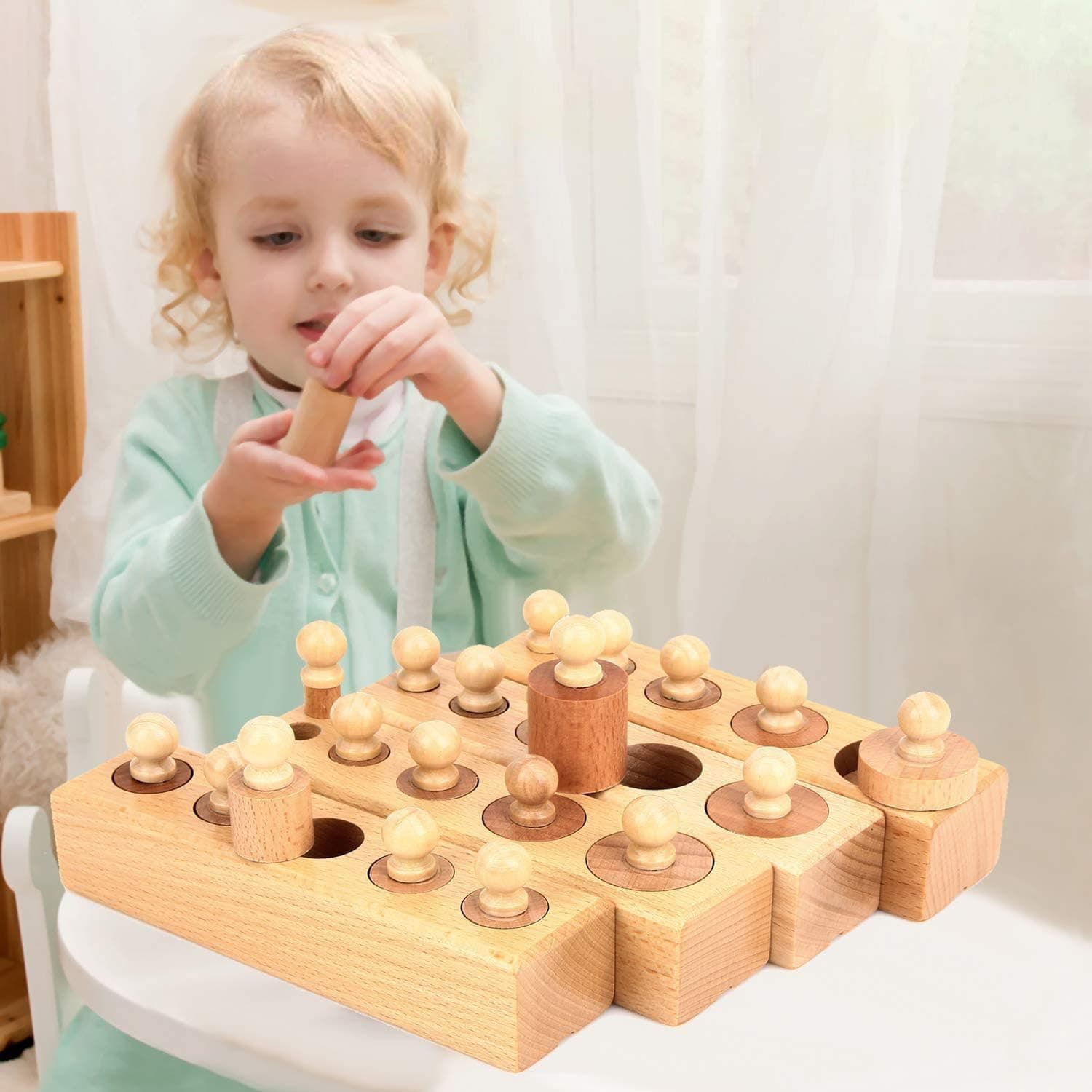 KINOEE Montessori Education Mini Children Wooden Blocks Family Set Toys Montessori Cylinder Socket 4 pcs Set for Baby Children Early Development Senses 1-5 Ages Children Birthday Gifts
