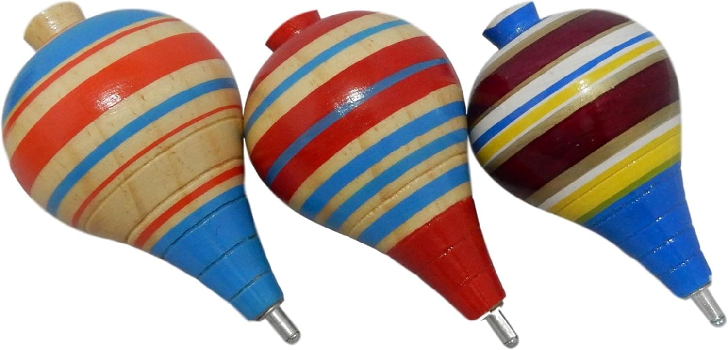 Mexican Trompos - 3 Pack Wooden Spin Tops Metal Tips Made in Mexico Premium Quality (3 Pack, Assorted Colors)