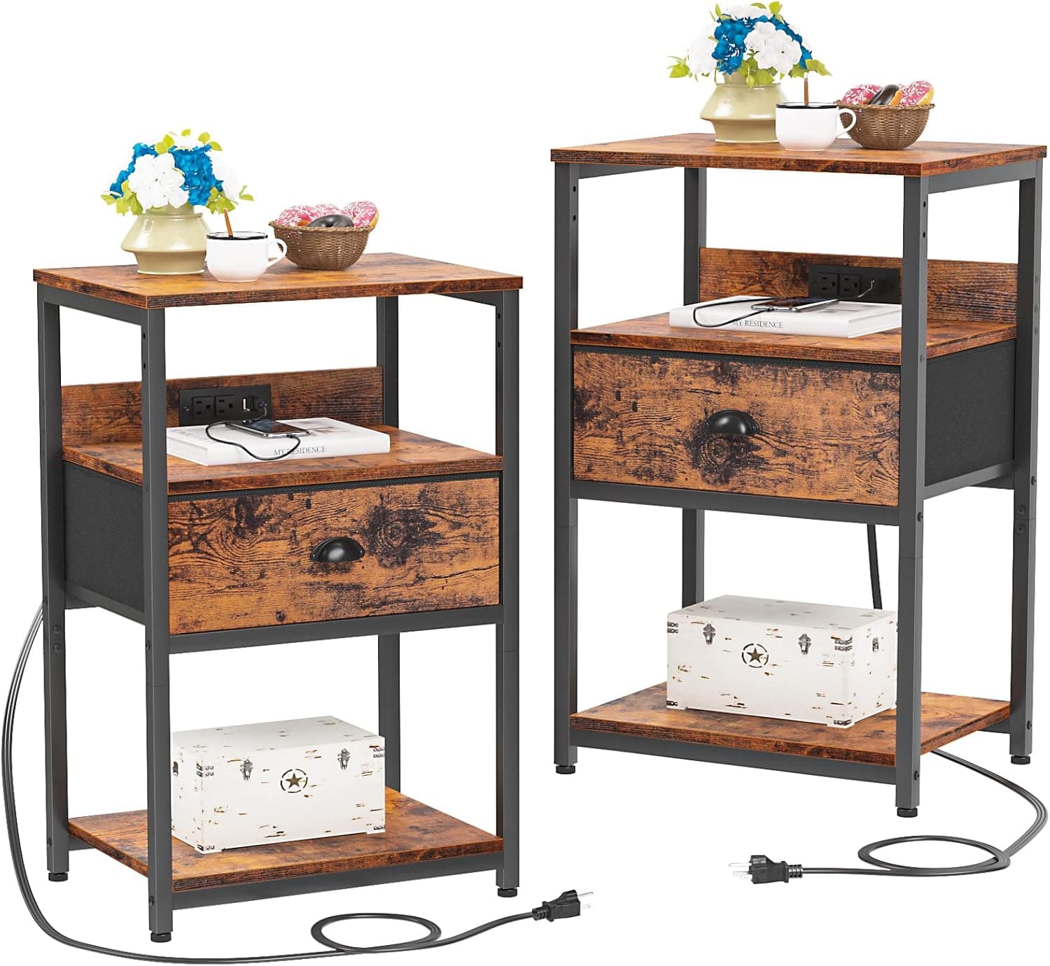 Furologee Nightstand Set of 2 with Charging Station, End Table with USB Ports&Power Outlets, 3-Tier Storage Shelf Tall Bedside Table, Industrial Night Stands with Fabric Drawer for Bedroom/Living Room