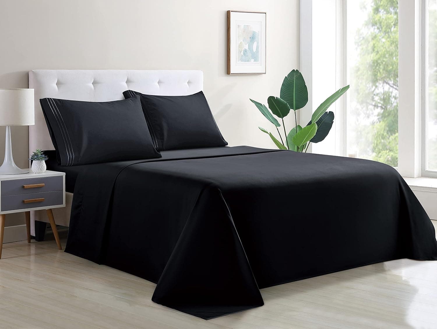 wavveUziz Bed Sheet Set Super Soft 100% Microfiber Sheet 1800 Brushed Microfiber Embroidered Twin Size Bed Sheets 16-Inch Deep Pocket - 3 Piece, Black
