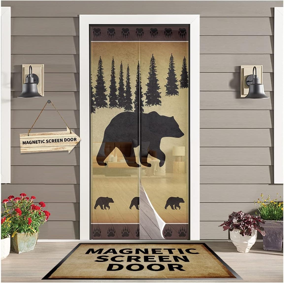 Black Bear Screen Door, Farmhouse Animal Cabin Lodge Sliding Door Screen Magnetic Closure, Rustic Forest Brown Screen Door Mesh Curtain, Wildlife Vintage Retractable Screen Door for Patio Door 38"x83"