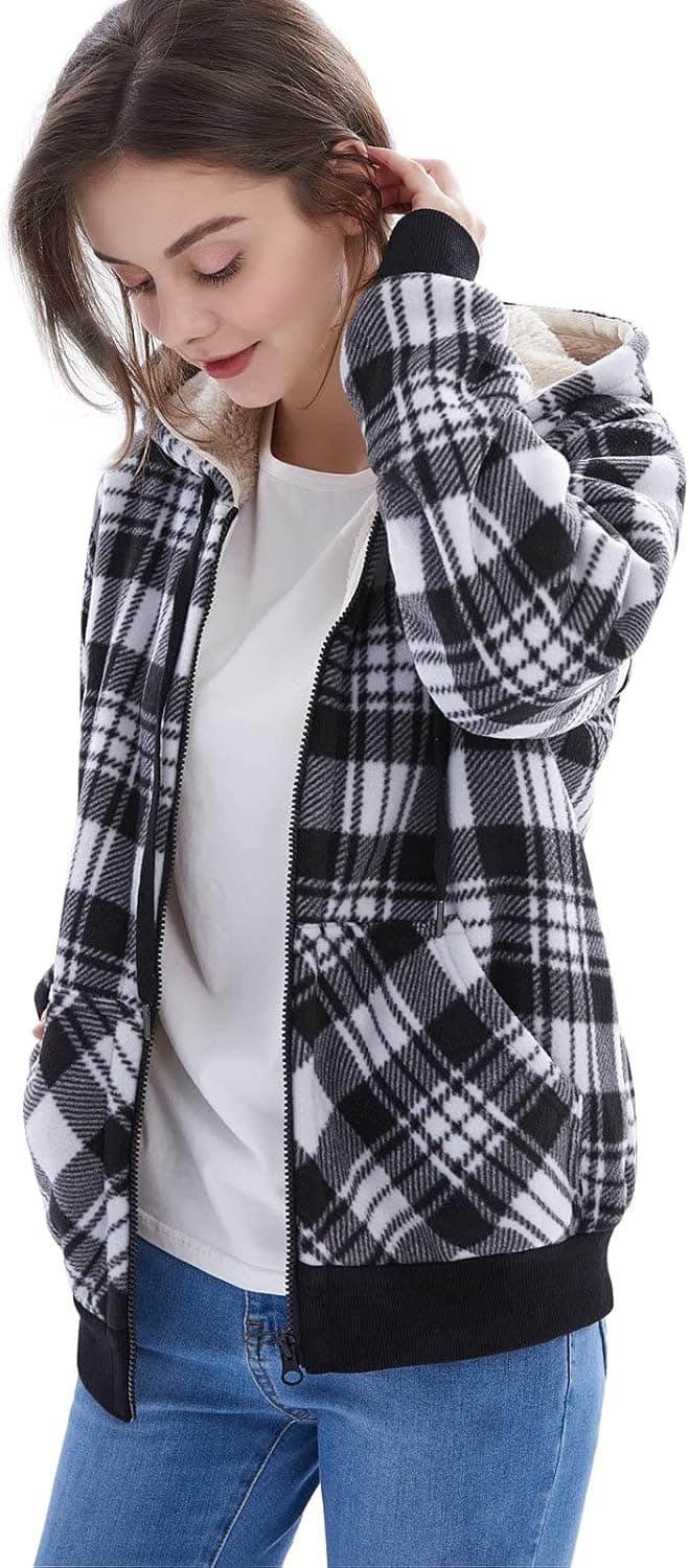 ZENTHACE Women's Sherpa Lined Zip Up Hooded Plaid Shirt Jac Sweater Jacket