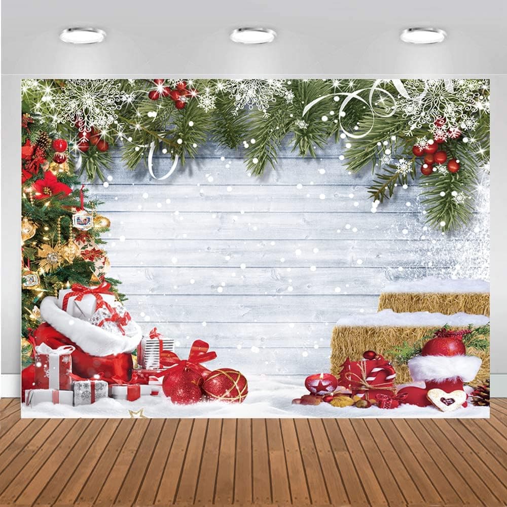 CHAIYA 10x8ft Christmas Backdrop Christmas Rustic Wood Photography Backdrop Xmas Tree Snow Wall Background Xmas Party Supplies Family Kids Party Banner Decorations Backdrops CY191