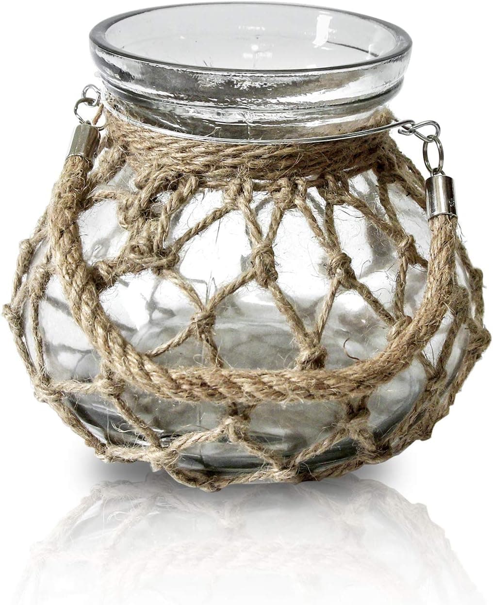 Funsoba Rustic Rope Net Farmhouse Flower Glass Nautical Vase with Handle Candle Holder (Medium 1 pcs)