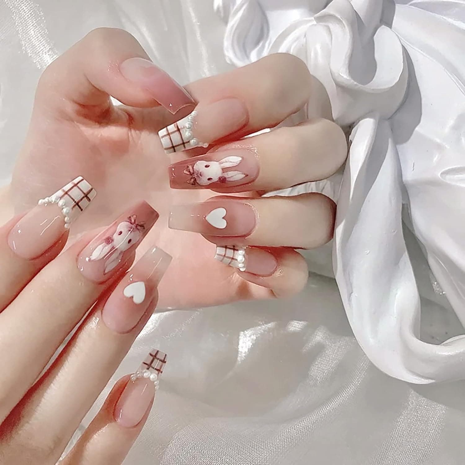 French Tip Press on Nails Medium Coffin Shape Fake Nails Cute Red Rabbit False Nails with Pearl Design Full Cover Acrylic Nails Glossy Glue on Nails Artificial Nails Stick on Nails for Women 24Pcs