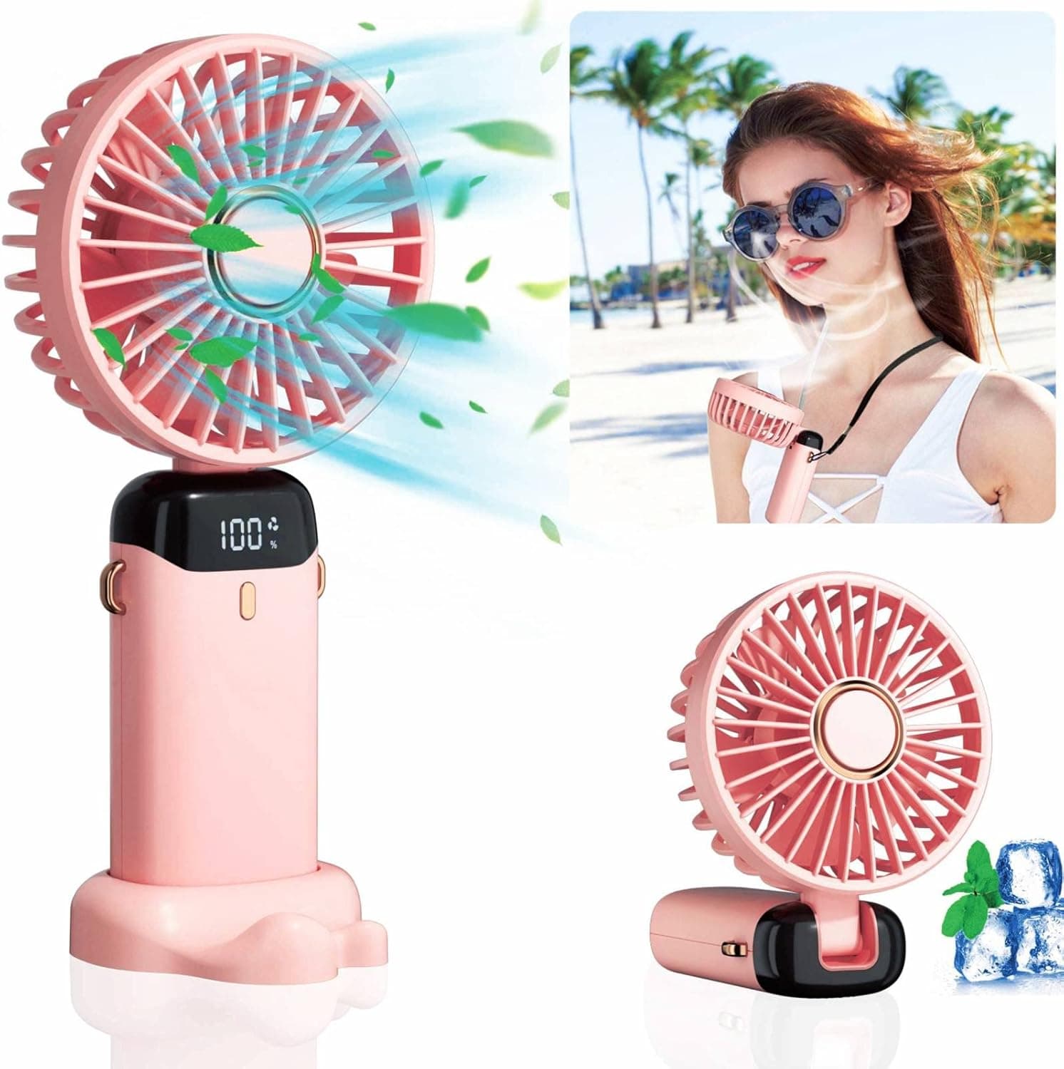 NIRIAHO Portable Fan, Mini Fan Personal Fan Handheld Fan USB Rechargeable Small Fan Foldable Desk Fan 5000mAh Battery [16H Max Cooling Time] with 5 Speeds Ideal for Travel/Outdoor/Camping (Pink)