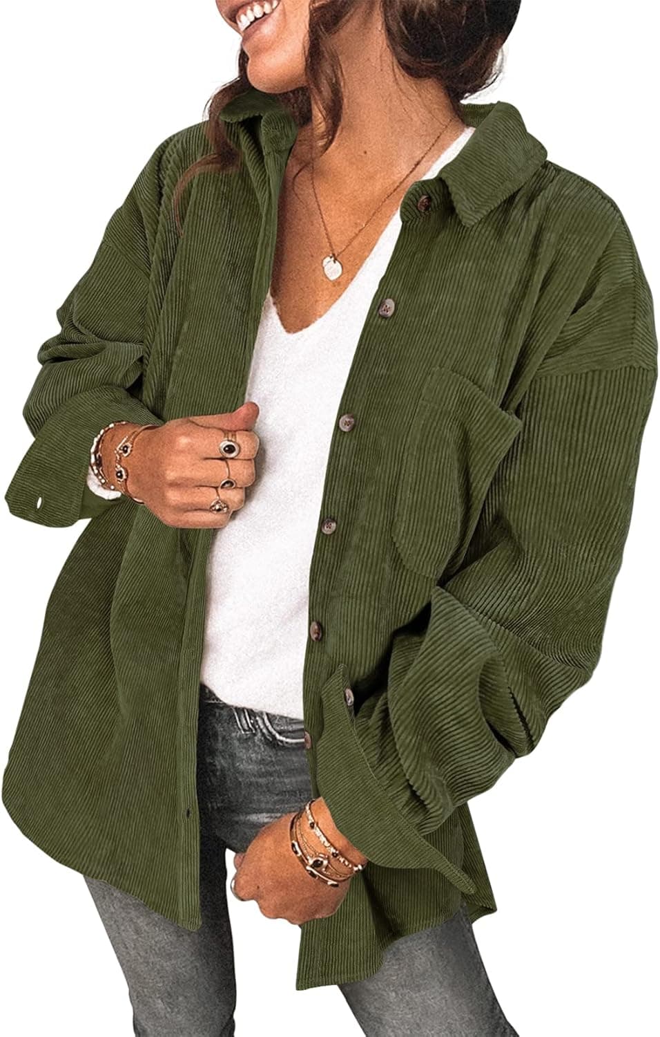Saslax Womens Corduroy Shirt Long Sleeve Oversized Button Up V Neck Blouses Tops Loose Shacket Jacket