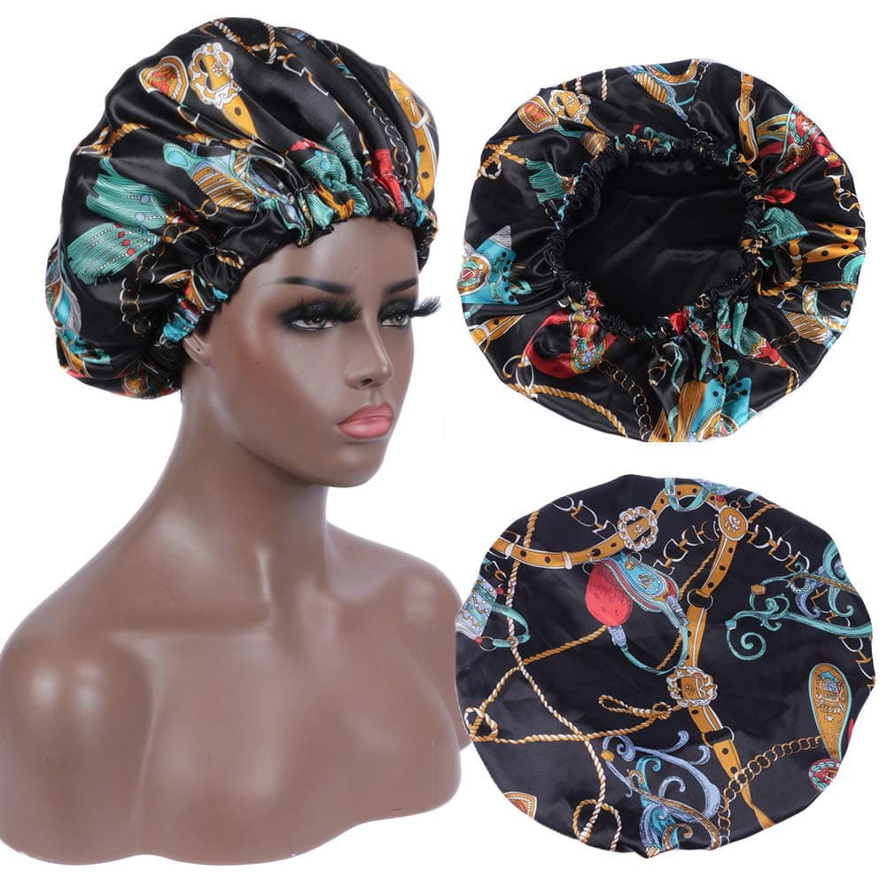 Soft Satin Bonnet Sleep Cap, Double Layer, Reversible, Adjustable Satin Cap for Sleeping Hair Bonnet Night Cap Salon Sleep Bonnet Cap for Women YMSGIRL Shower Cap (Black Colorful)
