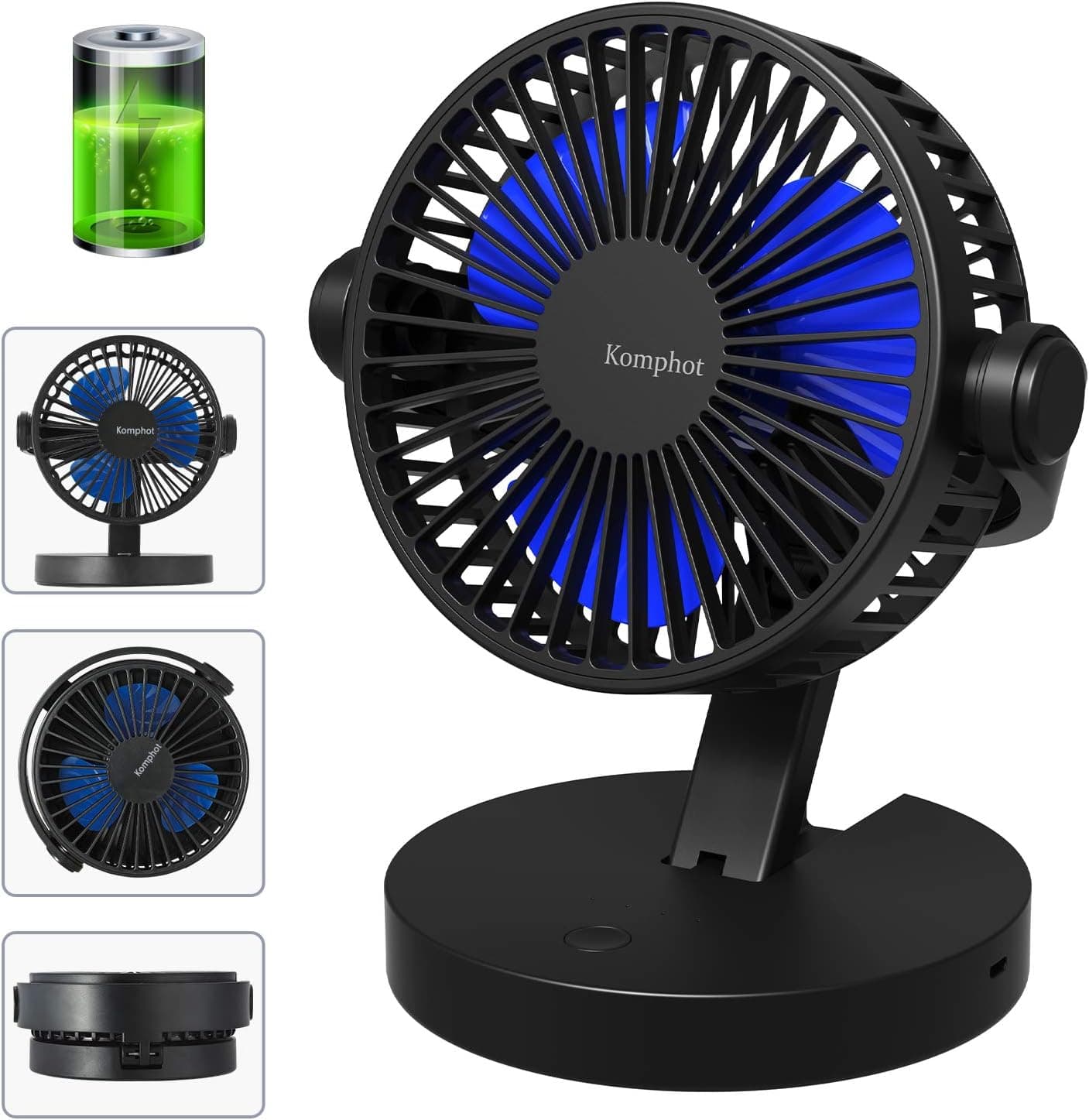Komphot Rechargeable Battery Operated Fan Portable Small Quiet USB Desktop Fan with Fold Strong Airflow 3 Speeds Personal Tabletop Fan Powered by USB for Office Home Travel Camping School (Black)