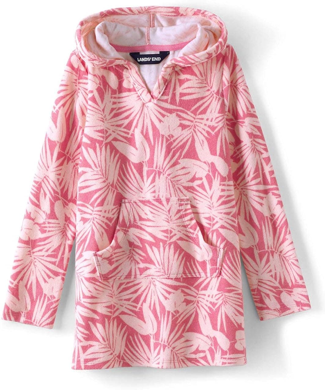 Lands' End G Terry Kangaroo Cover Up Salt Washed Pink Tropical Palm Kids Large