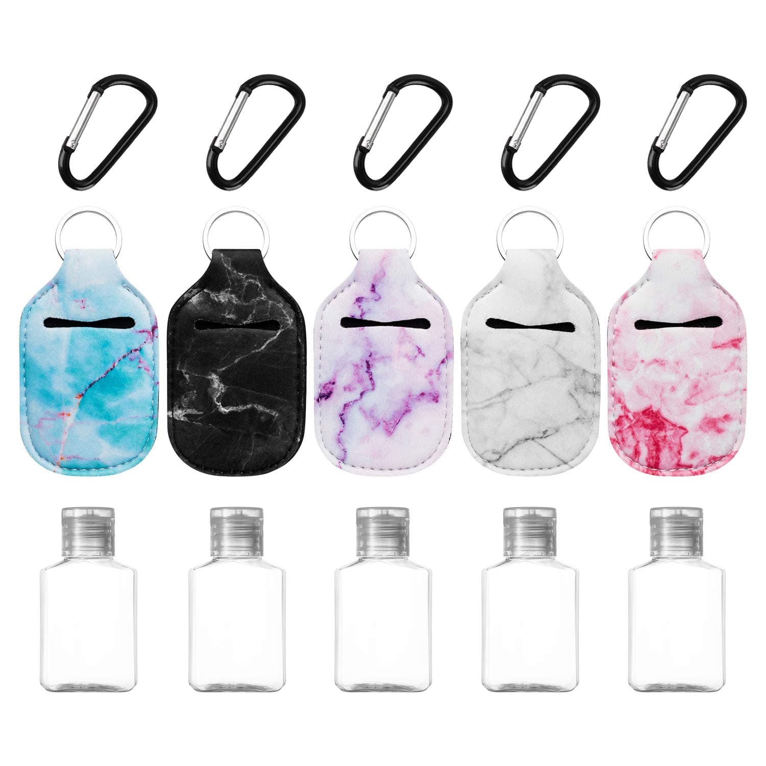 Hand Sanitizer Holder Keychain, Portable Travel Bottle for Soap, Lotion, and Liquids, 2oz Reusable Flip Cap Bottle with Keychain Carriers for Outdoor, Metal Buckle Include, Set of 5 (Marbling Series)