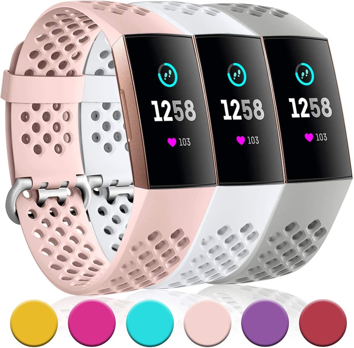 Nofeda Bands Compatible with Fitbit Charge 4 / Charge 3 / Charge 3 SE, Air Holes Breathable Sport Replacement for Fitbit Charge 3/ Charge 4 Fitness Tracker Women Men, Small, Slate Gray/Pink/White