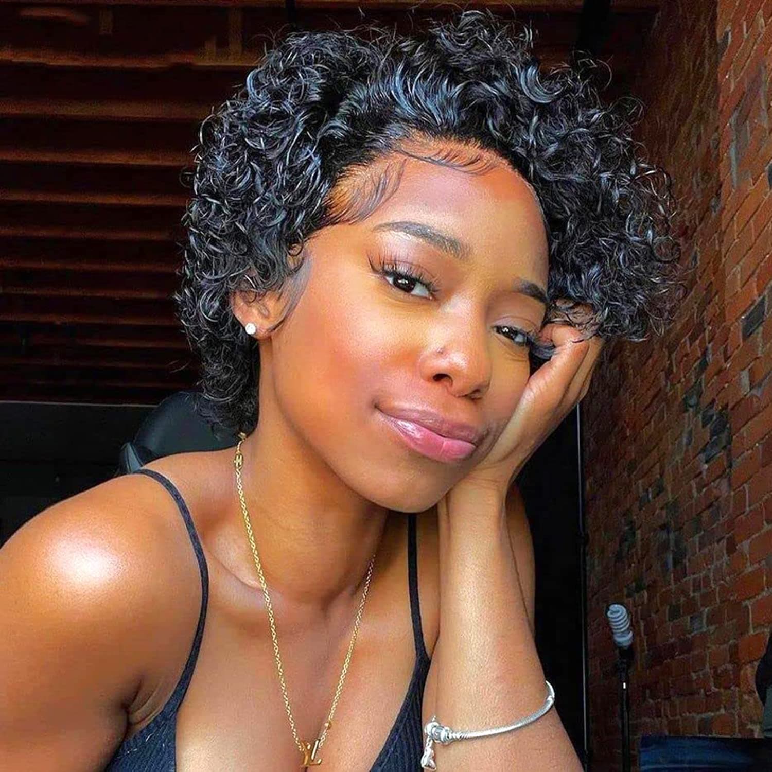 BAINUO HAIR 8 Inches 13x1 Lace Front Wigs Pixie Cut Short Curly Human Hair Wigs Pre Plucked 180% Density Wig For Black Women Glueless (Nature Black)