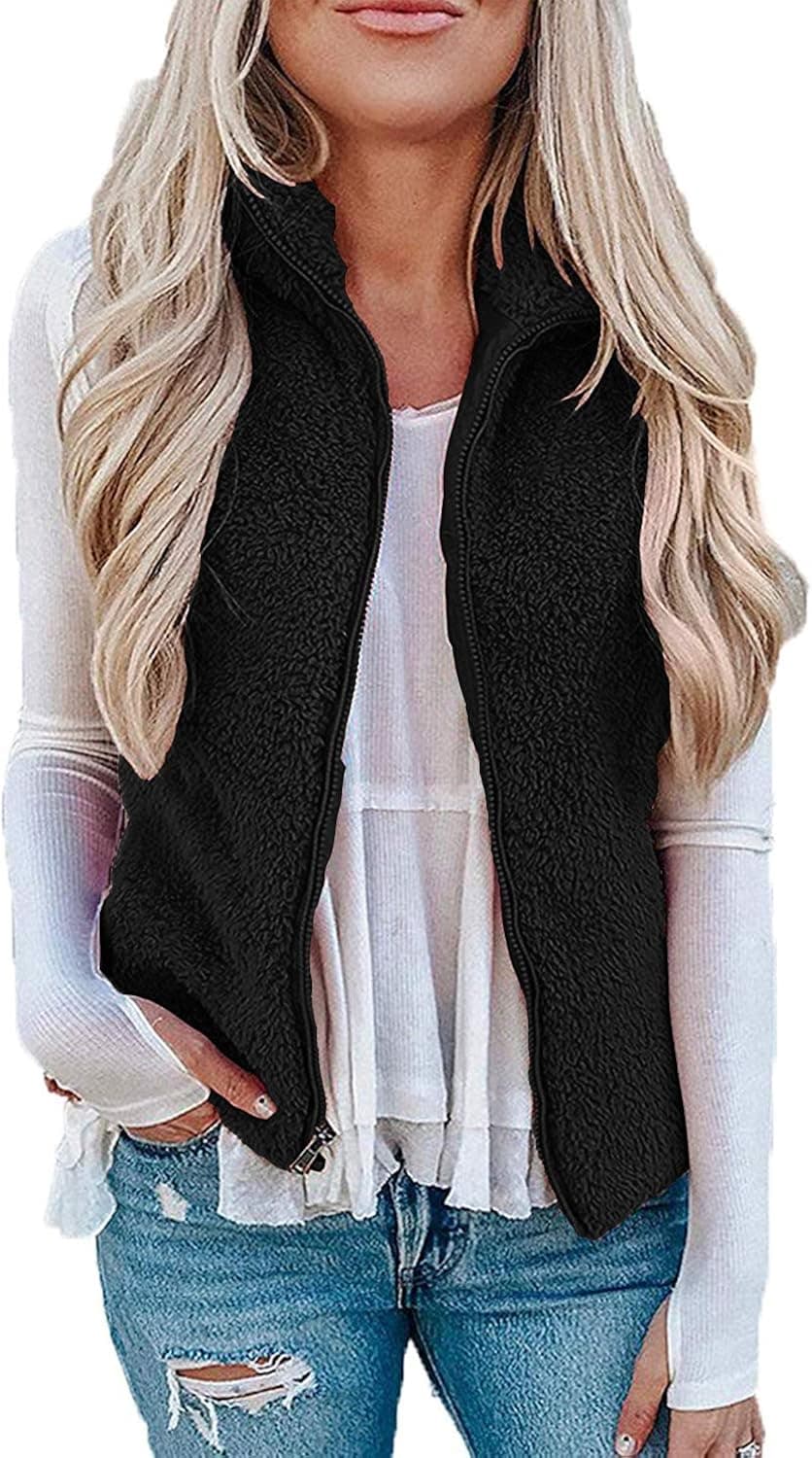 LAMISSCHE Womens Fuzzy Sherpa Fleece Vest Sleeveless Lightweight Cozy Zip Up Jacket Open Front Winter Outwear Coat With Pocket