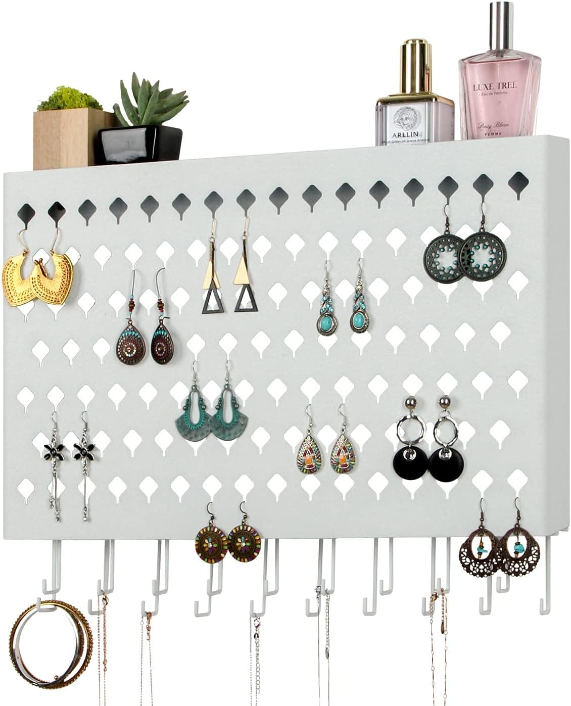 JackCubeDesign Wall Mounted Jewelry Organizer, Earring Necklace Bracelet Holder Display Hanger with 109 Holes & 19 Hooks (White,16.5 x 2.4 x 13.2 inches) - MK329B