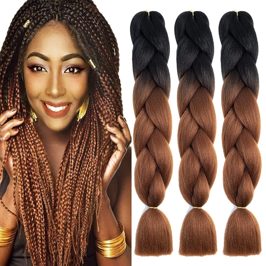 YUKAYULA 3 Packs/Lot 24'' Braiding Hair Extensions Hot Water Setting Yaki Texture Synthetic Ombre Jumbo braids hair For Women (24 Inch, Black to Dark Brown)