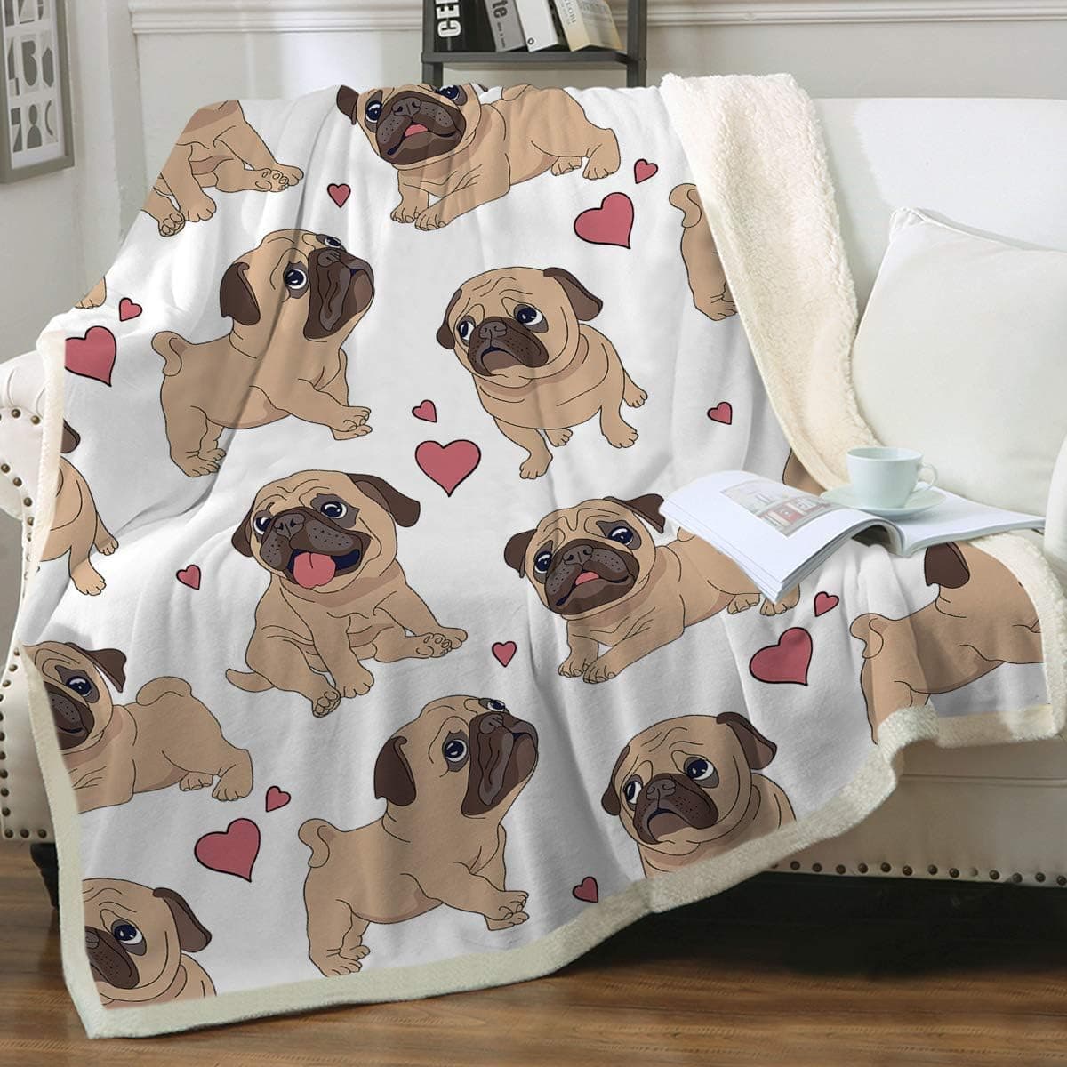 Sleepwish Pug Fleece Blanket Pet Blanket Dog Reversible Blanket Soft Sherpa Blanket Throw Blanket for Pug Lover King(108"x90")