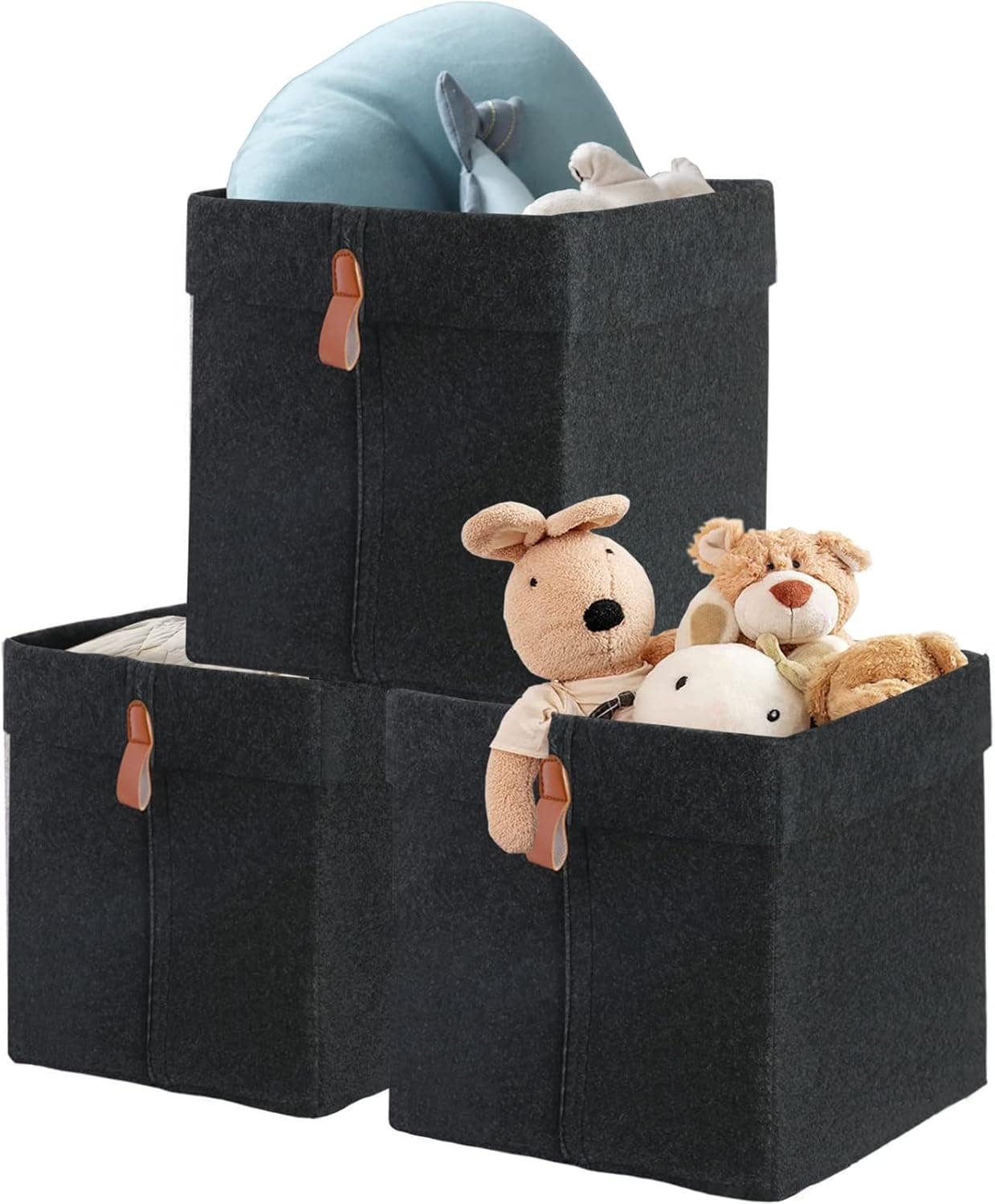 Felt Storage Basket, Fabric Cloth Storage Bin Collapsible Organizer Basket with Handle for Cloth Toys Folding Storage Cube Bin for Bedroom Playroom Office Hard Bottom
