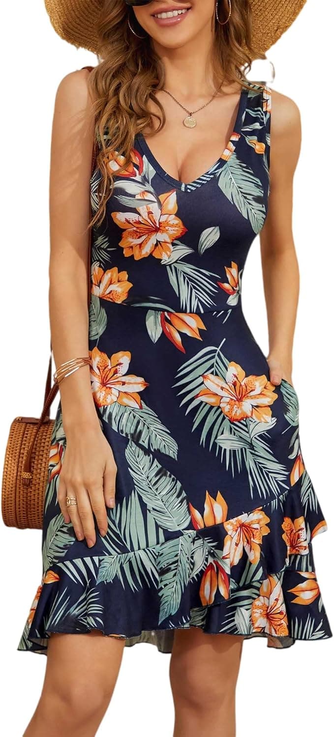Loemes Summer Sleeveless Irregular Ruffle Hem Midi Sundresses for Women with Pockets