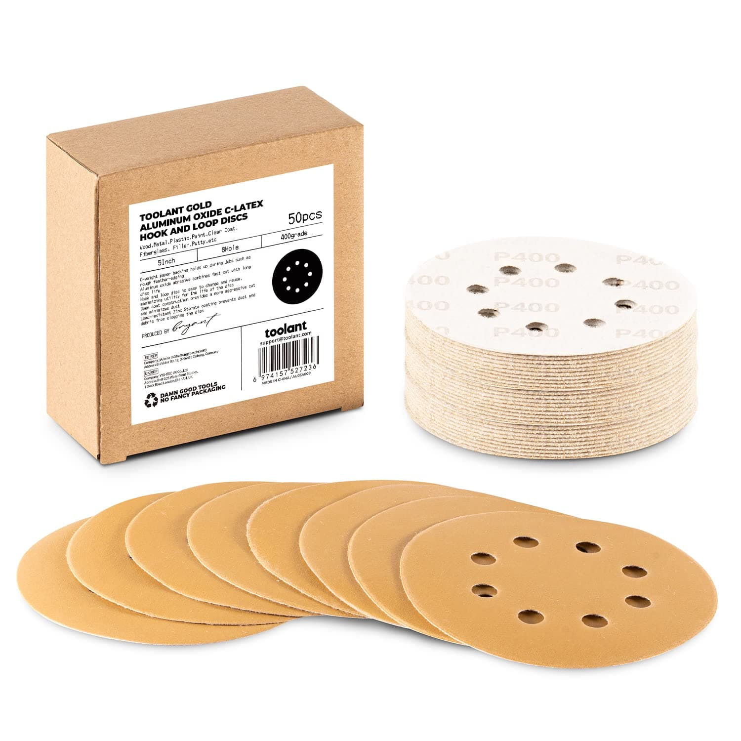 5 Inch 400 Grit Sanding Disc, 8 Hole Hook and Loop Aluminum Oxide Sanding Discs for Disc Sanders & Orbital Sanders - 50 Pack