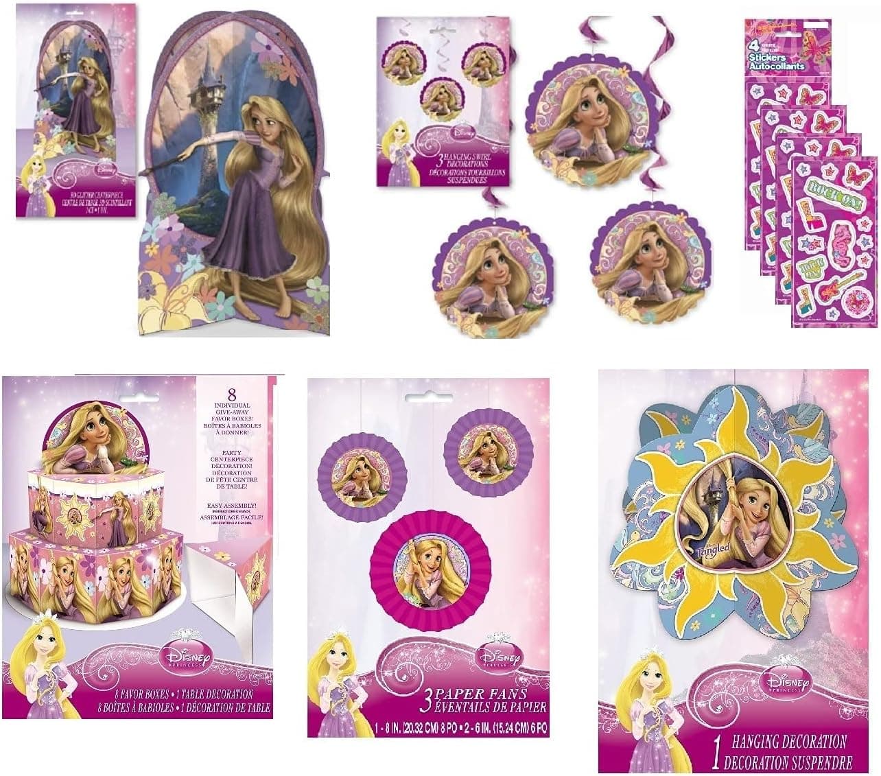 Unique Tangled Rapunzel Decoration Bundle Decorations - Swirls - Hanging Decorations - 3 Paper Fans - 8 Favor Boxes - Centerpiece - (5 Items)