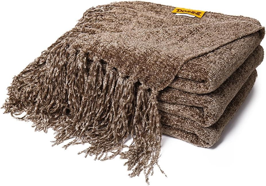 DOZZZ Fluffy Chenille Knitted Throw Blanket with Decorative Fringe for Home Décor Bed Sofa Couch Chair Brown