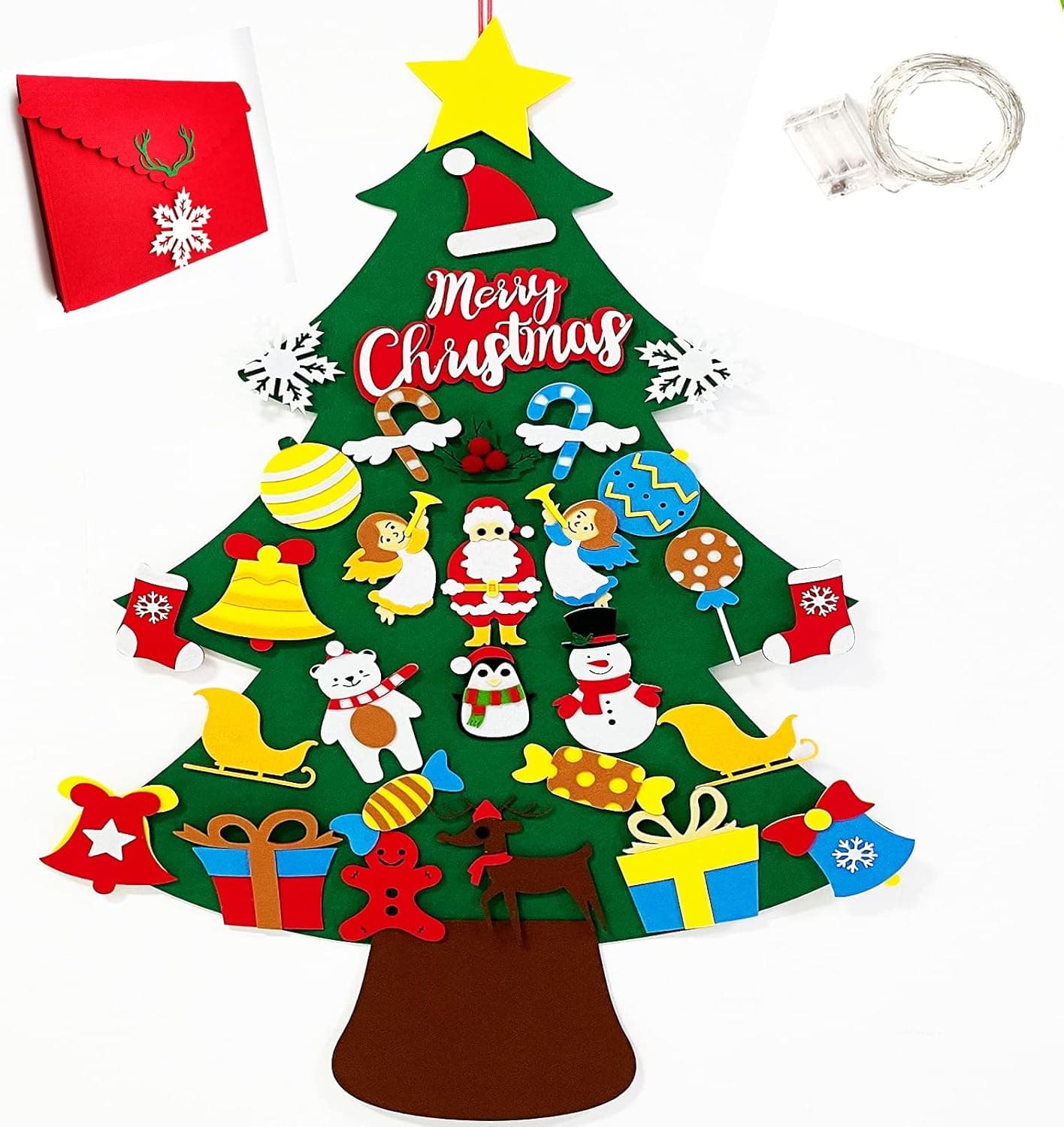 KINMRIS Felt Christmas Tree with Light - 3.5 FT DIY Felt Christmas Tree Set for Toddlers, with Storage Bag, 33Pcs Glitter Ornaments for Kids Christmas CraftsChristmas Decorations