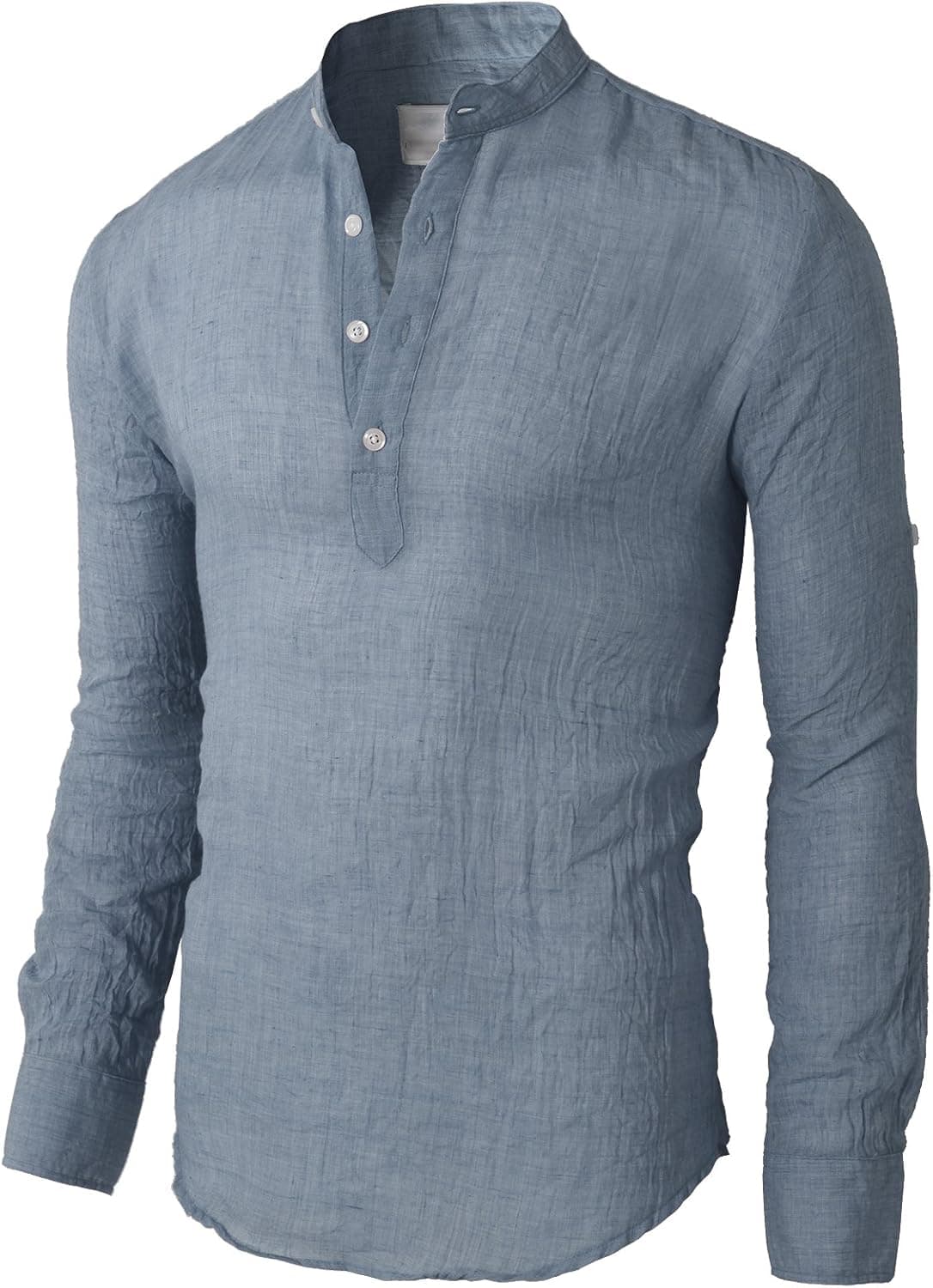 H2H Mens Casual Slim Fit Linen Henley Lightweight Roll-up Sleeve Shirt