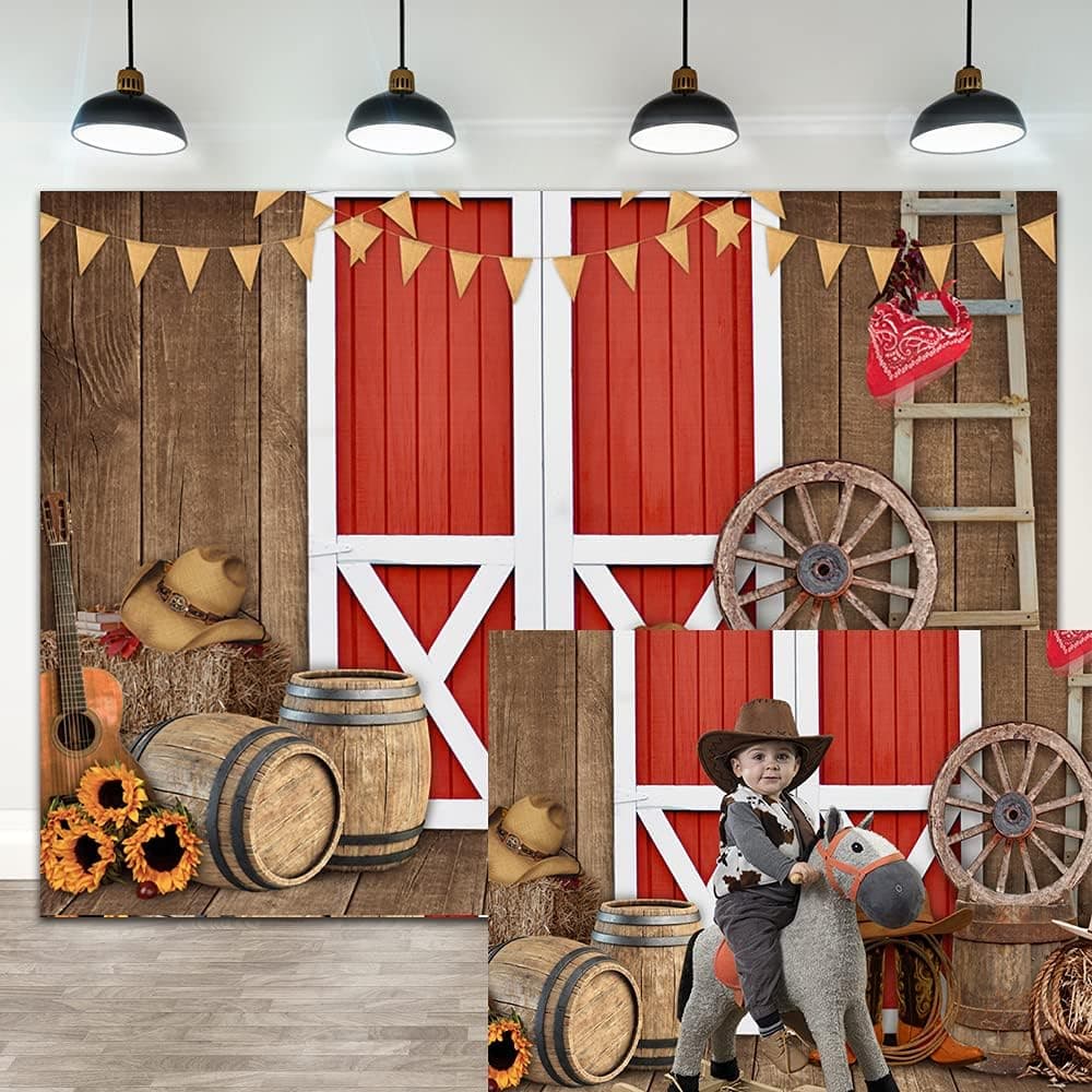 Ticuenicoa 7×5ft Western Cowboy Backdrop Western Red Barn Door Farm Vintage Party Banner Decorations Hay Cowboy Hat Background for Photography