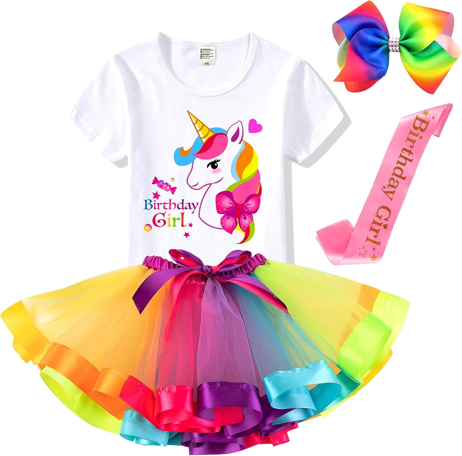 Birthday Girls Costume – Headband, Shirt, Tutu Skirt Dress, Satin Sash - Unicorn Gifts for Girls