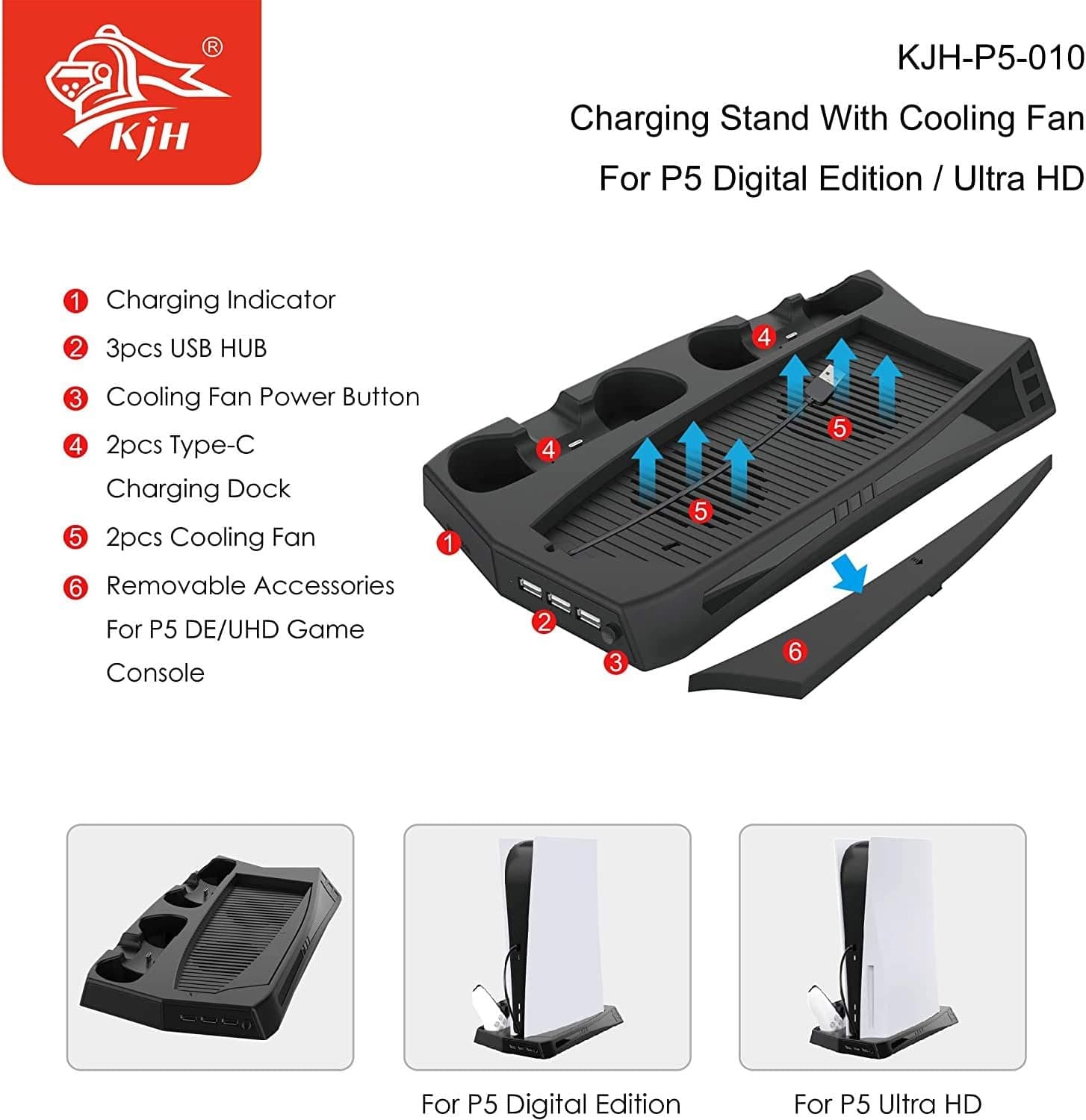 TPFOON Cooling Fan Charging Dock Vertical Stand for Playstation 5 PS5 Game Accessories with 3 USB HUB Charger Ports