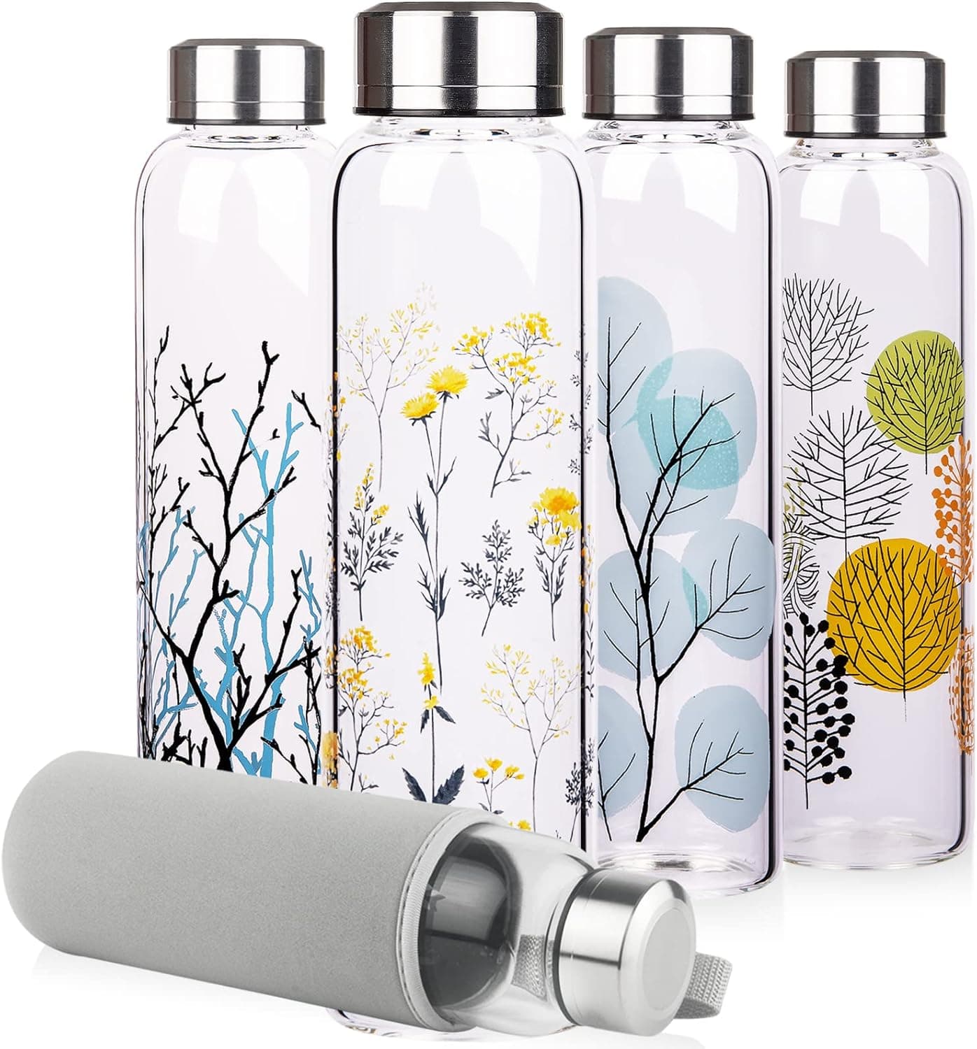 Reeho Borosilicate Glass Water Bottle, Sports Glass Drinking Bottle with Neoprene Sleeve and Stainless Steel Lid 16oz / 32oz (16oz, Blooming Branches)