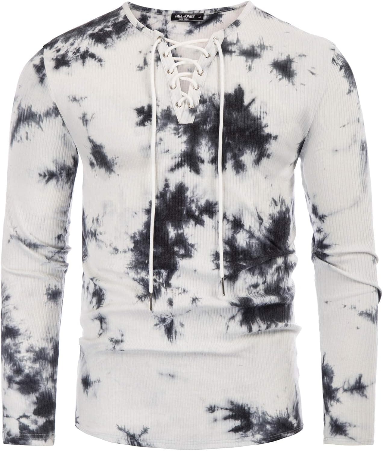 PJ PAUL JONES Men's Ribbed Tie Dye T-Shirt Long Sleeve Lace-up Colorful Hipster T-Shirt