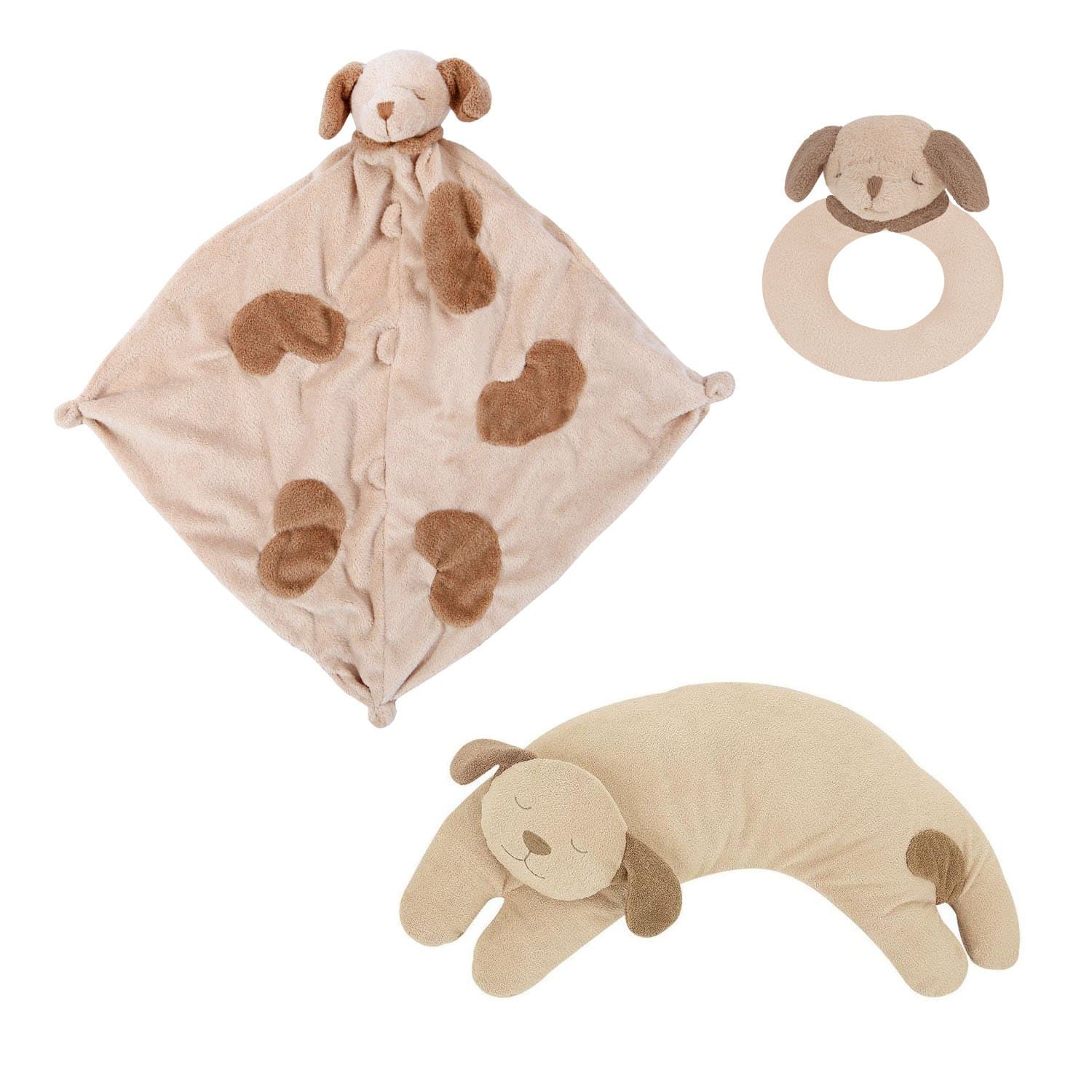Angel Dear Blankie, Ring Rattle and Curved Pillow Set (Brown Puppy)