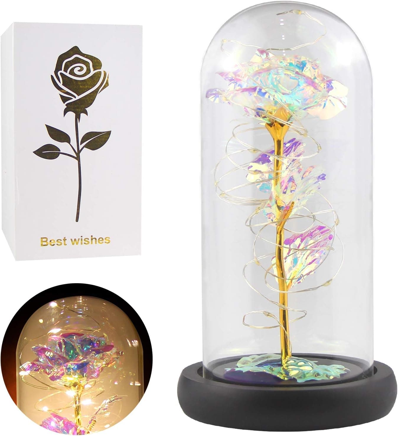 Forever Rainbow Rose Artificial Flower Glass Dome, Galaxy Eternal Rose, Unique Birthday Present for Her Mom Girlfriend Wife Women, Anniversary Christmas Thanksgiving Wedding Valentines