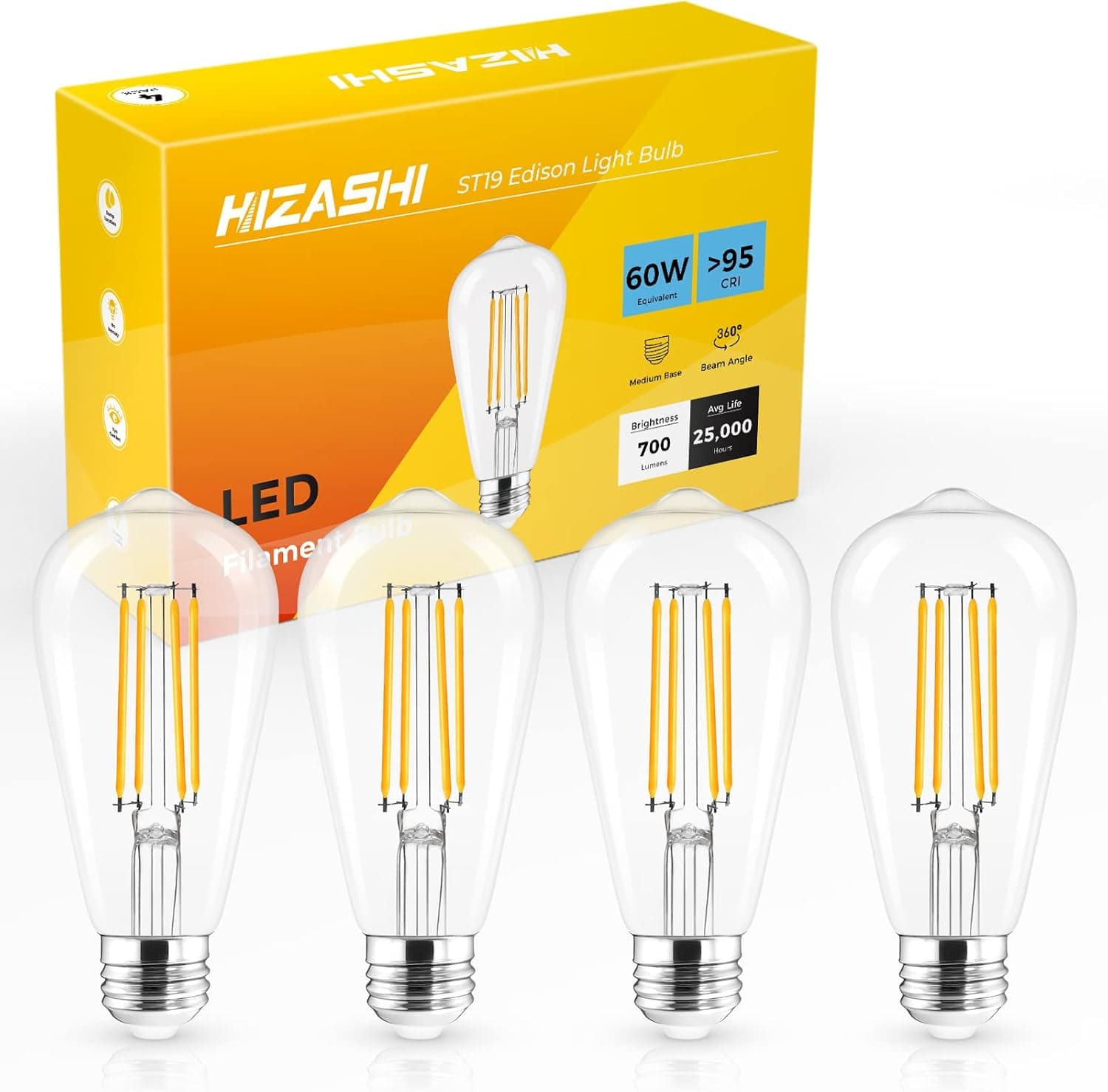 Hizashi Edison Bulbs 60 Watt, E26 LED Bulb Non-Dimmable 2700K Soft White, ST58/ST19 Vintage Light Bulbs with E26 Medium Base, 6W 700lm, UL Listed, Clear Glass, Pack of 4