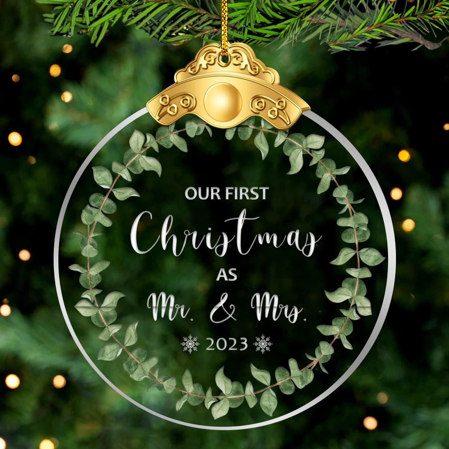First 1st Christmas Married Ornament 2023, Our First Christmas as Mr & Mrs 2023 Ornament, Wedding Gifts for Couples Married Newlyweds Unique 2023, 2.75" Circle Glass Ornament Keepsake