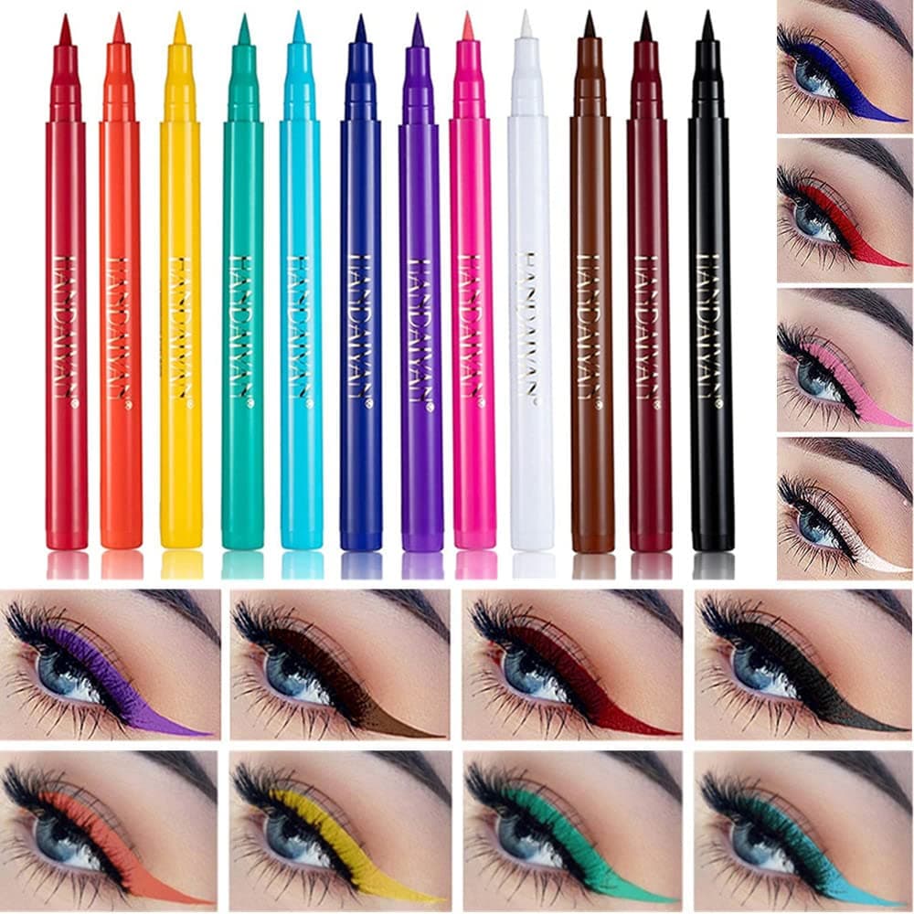 Go Ho 12 PCS Matte Rainbow Liquid Eyeliners,Waterproof Colorful Eye Liner Makeup Set,Smudge proof Colored Eyeliner Pen,Soft Smooth Hyper Sharp Tip Brush Neon Eye Liner Tools