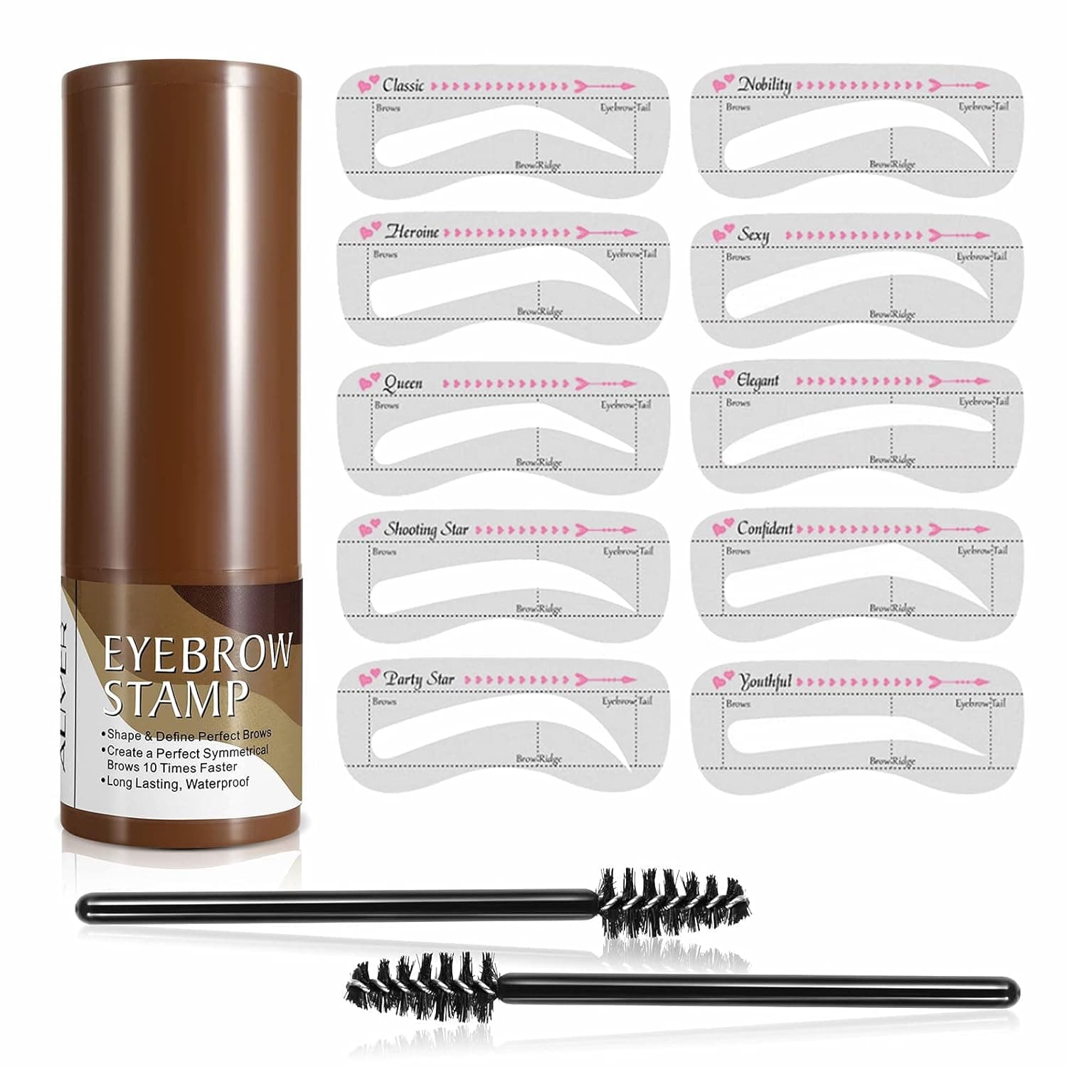 Eyebrow Stamp Stencil Kit – Waterproof Brow Stamp Shaping Kit Eyebrow Definer with 2 Eyebrow Pen Brushes and 10 Eyebrow Buildable Brow Stencils, Natural Shape Brow Powder ​Makeup Tools (Dark)