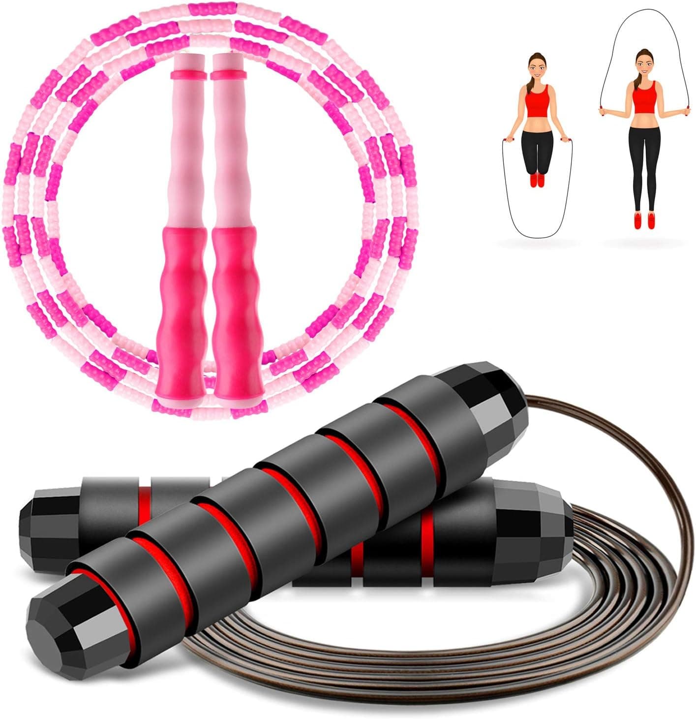 Jump Rope Tangle-Free with Ball Bearings Soft Beaded Segmented Skipping Rope Rapid Speed Adjustable Non-slip Handle Suitable for Workout Keeping Fit Training Exercise Men Women Kids (Red+Pink)